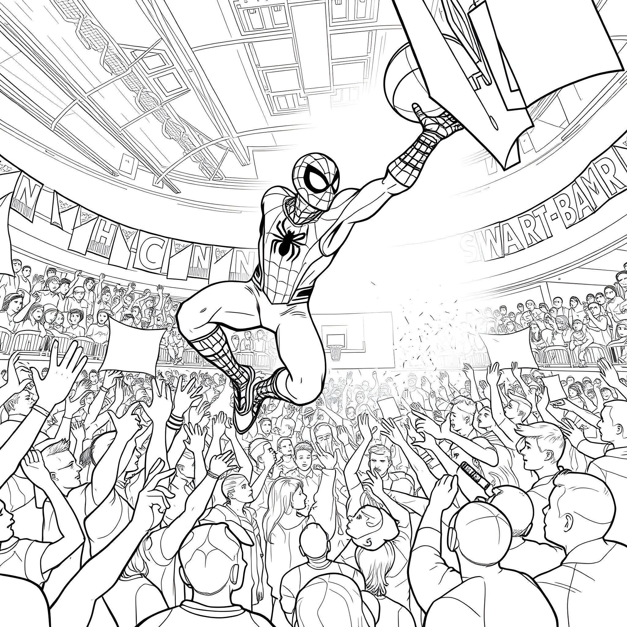 Spiderman swinging heroically through a cheering crowd Coloring Page (free black-and-white line drawing printable PDF for all, from beginners to advanced learners, including children, teens, adults, and seniors)