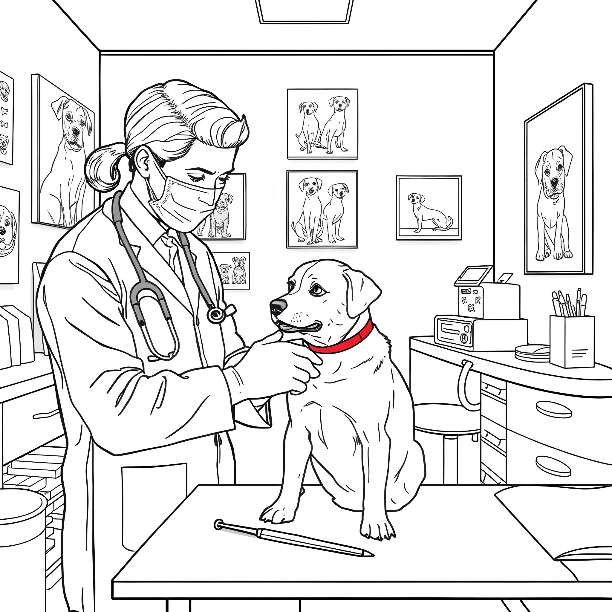 Dog visiting the veterinarian for a checkup Coloring Page (free black-and-white line drawing printable PDF for all, from beginners to advanced learners, including children, teens, adults, and seniors)