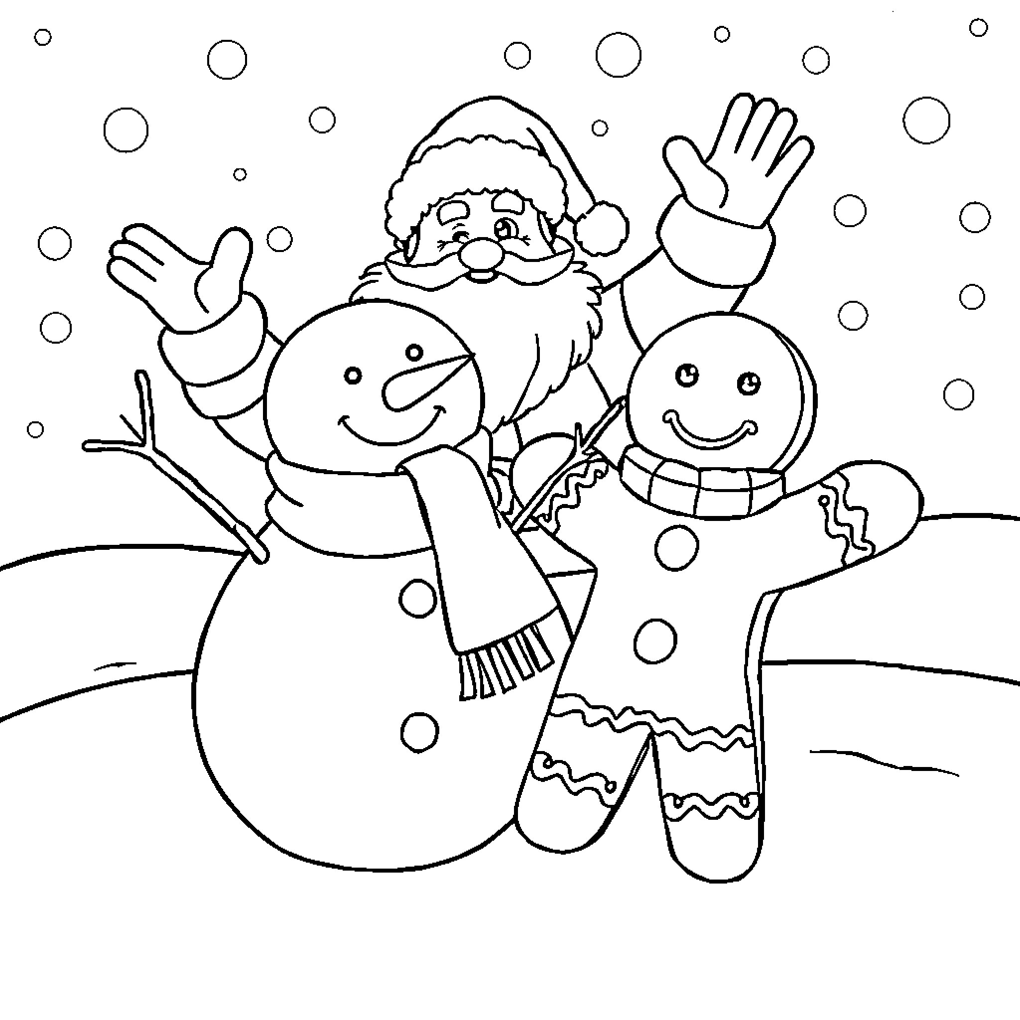Christmas Celebration with Santa and Snowman Coloring Page (free black-and-white line drawing printable PDF for all, from beginners to advanced learners, including children, teens, adults, and seniors)