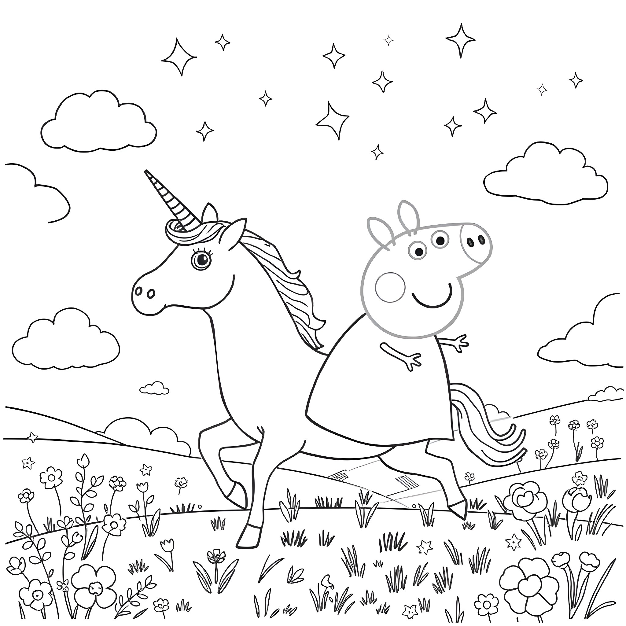 Peppa Pig and her unicorn friend in a starry meadow Coloring Page (free black-and-white line drawing printable PDF for all, from beginners to advanced learners, including children, teens, adults, and seniors)