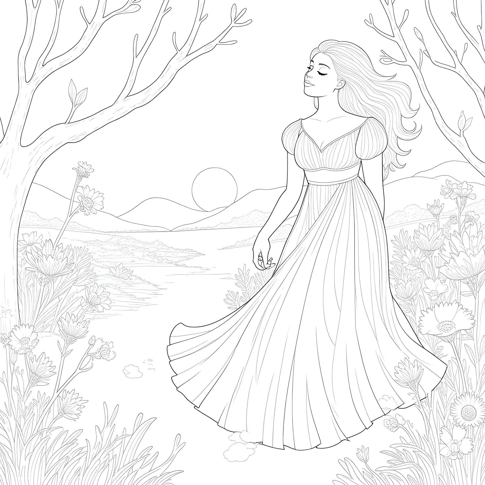 Alphonse Mucha's Woman in Flowing Dress Amid Nature Coloring Page (free black-and-white line drawing printable PDF for all, from beginners to advanced learners, including children, teens, adults, and seniors)