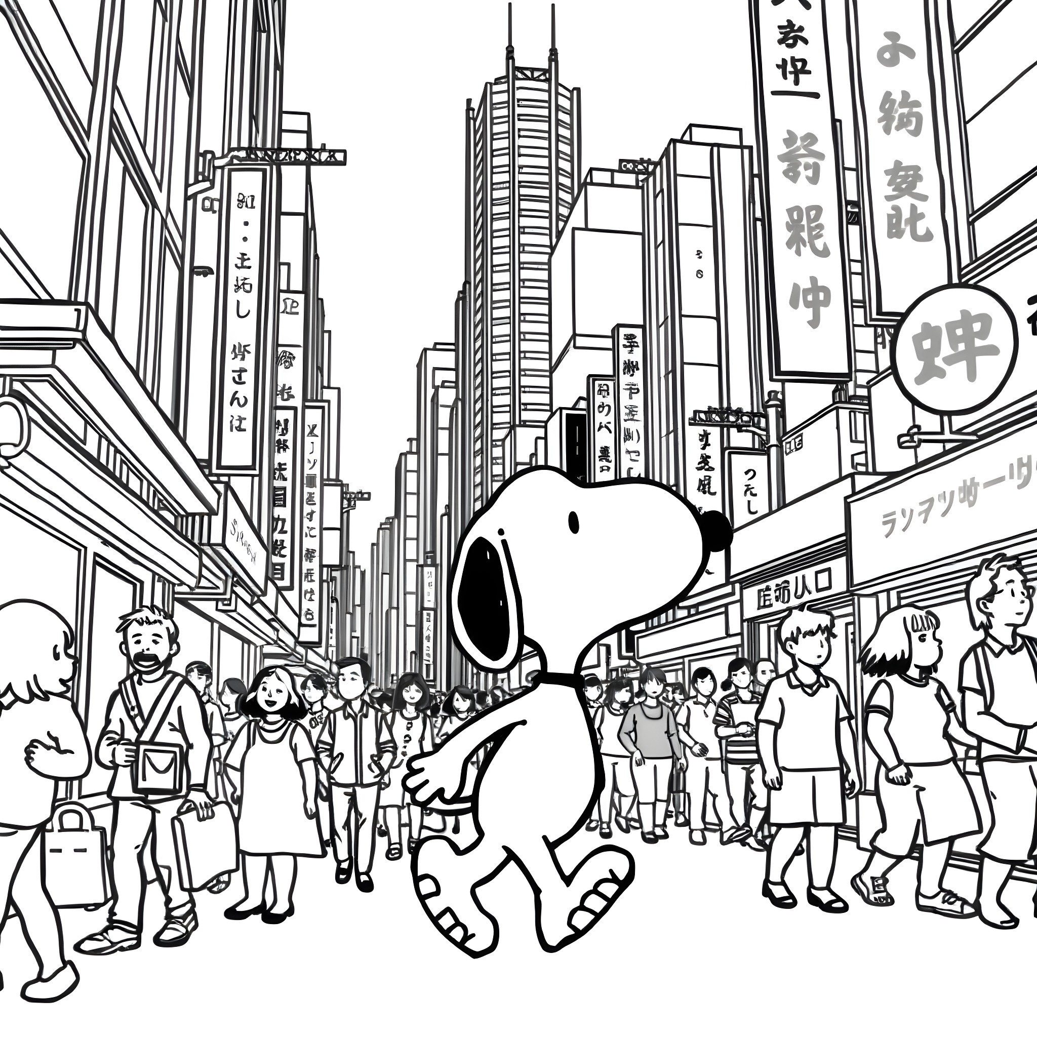Snoopy exploring a bustling city street Coloring Page (free black-and-white line drawing printable PDF for all, from beginners to advanced learners, including children, teens, adults, and seniors)
