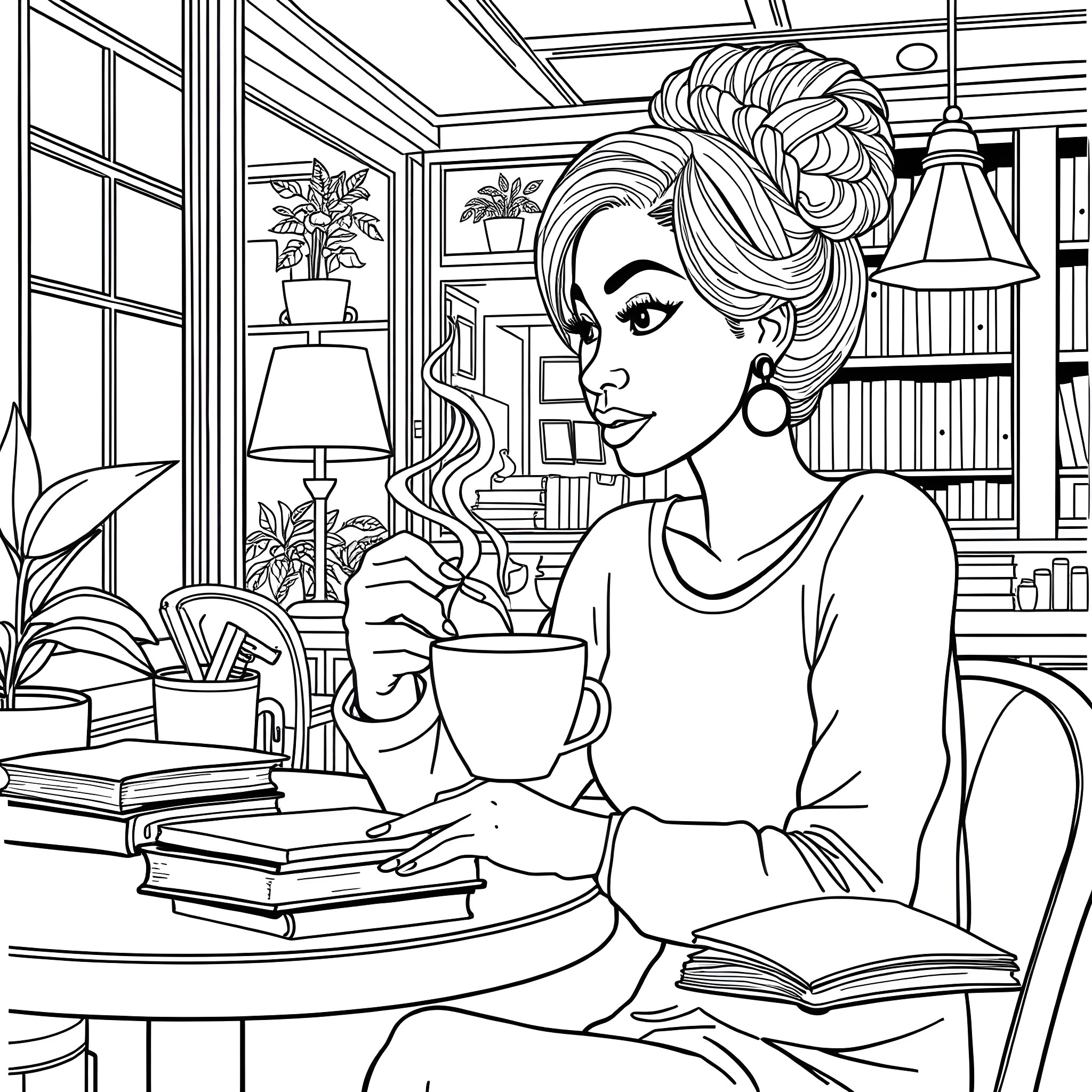 Woman sitting at a desk, reading and enjoying a cup of coffee Coloring Page (free black-and-white line drawing printable PDF for all, from beginners to advanced learners, including children, teens, adults, and seniors)