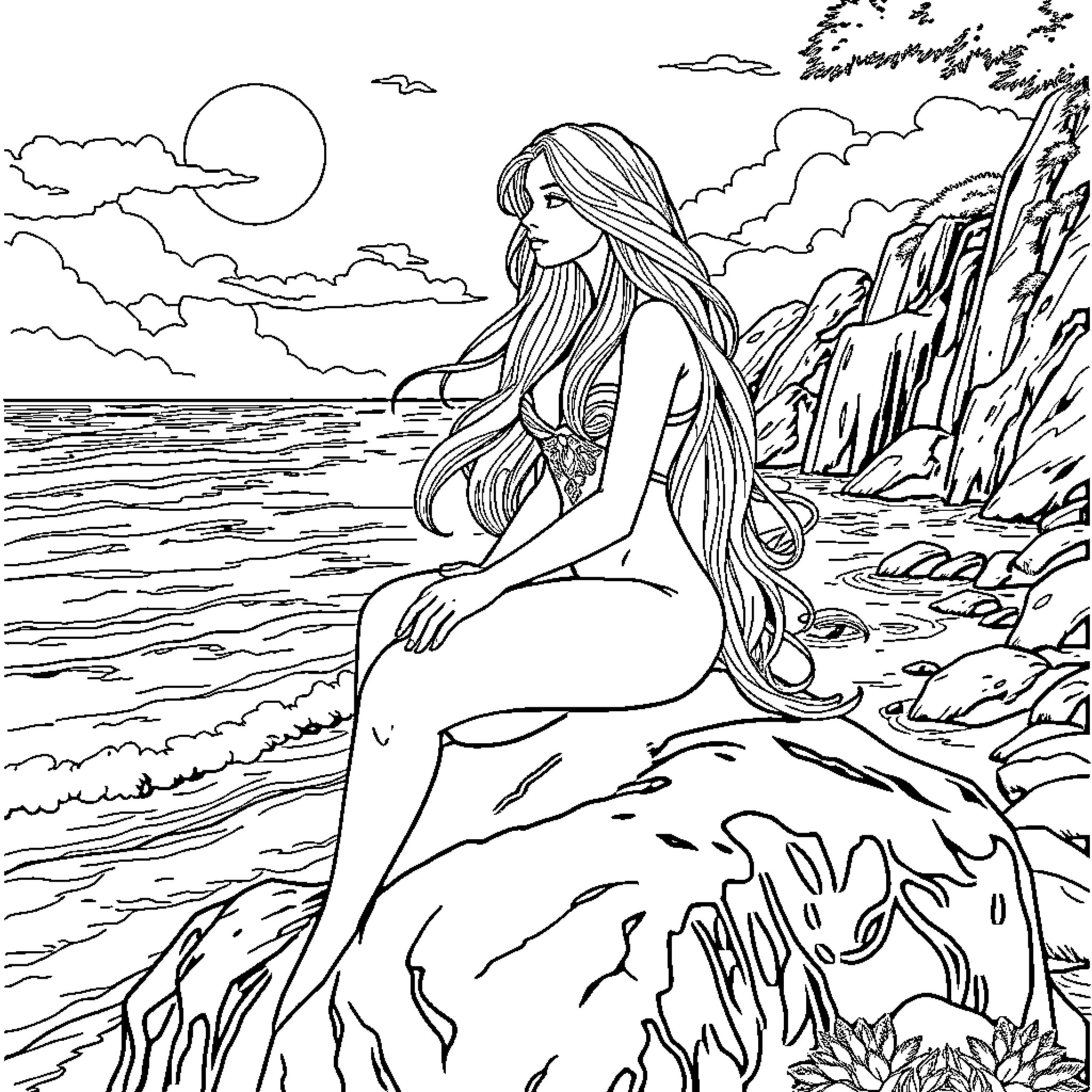 Mermaid Gazing at the Moonlit Sea Coloring Page (free black-and-white line drawing printable PDF for all, from beginners to advanced learners, including children, teens, adults, and seniors)