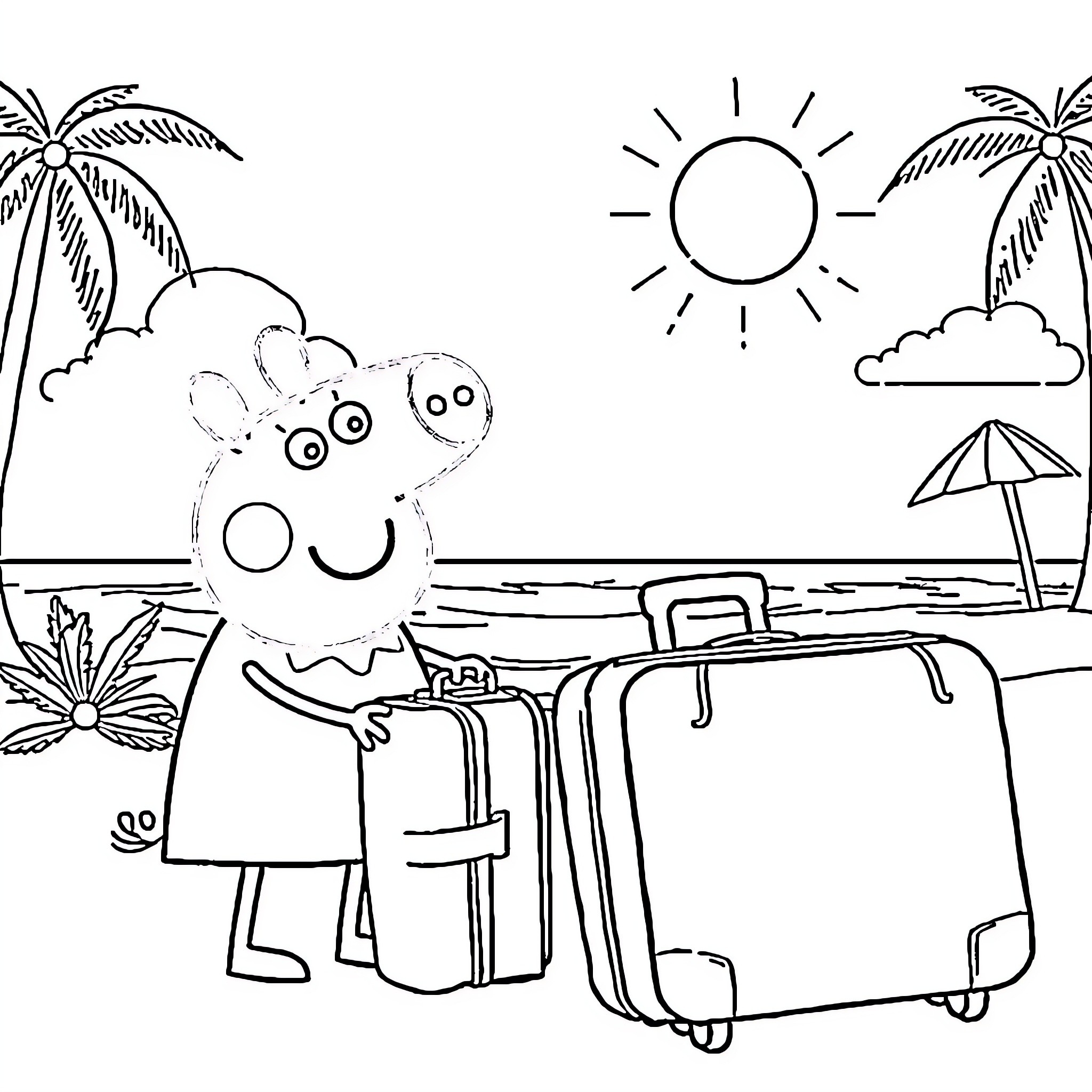 Peppa Pig enjoying a beach vacation with luggage Coloring Page (free black-and-white line drawing printable PDF for all, from beginners to advanced learners, including children, teens, adults, and seniors)