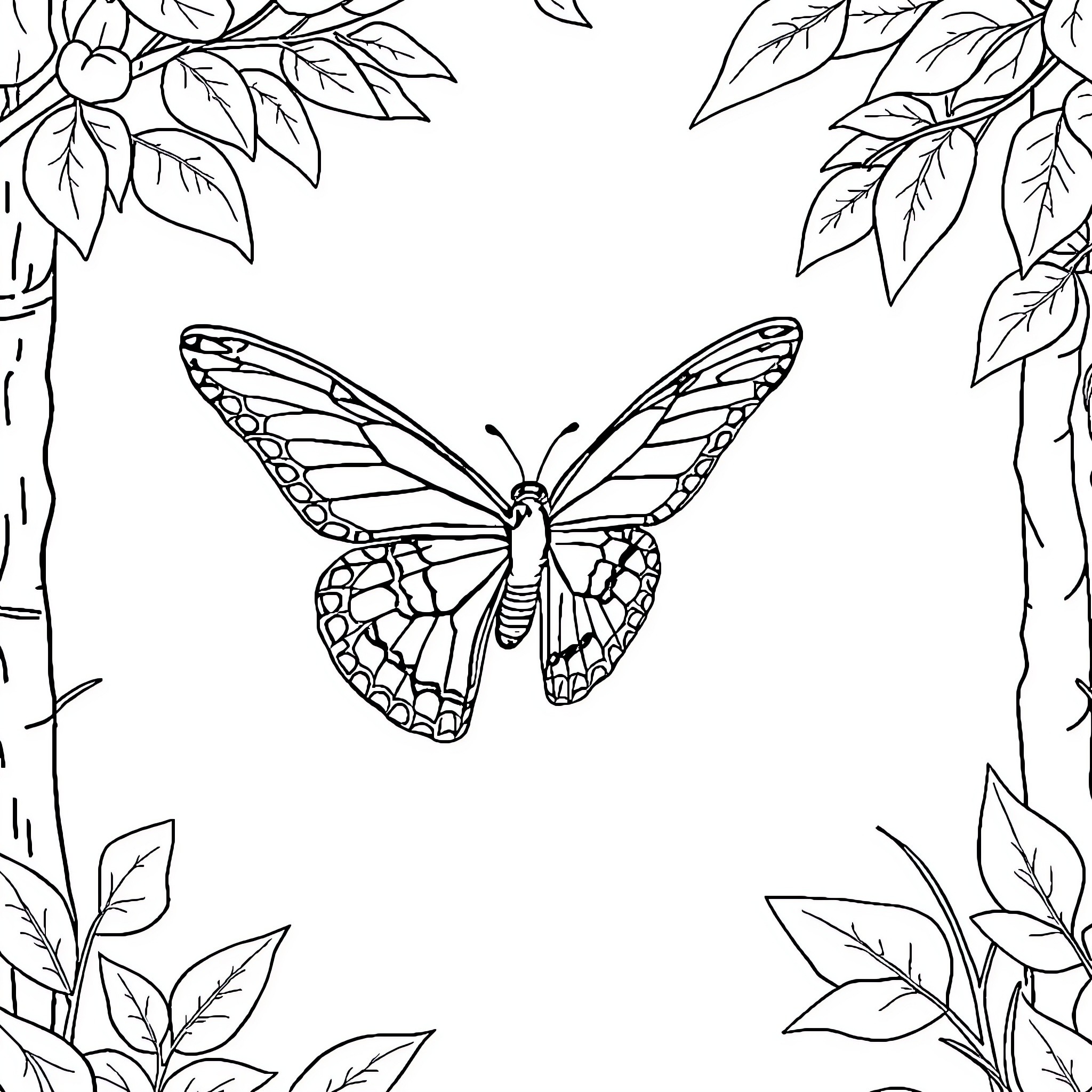 Butterfly in the natural surroundings Coloring Page (free black-and-white line drawing printable PDF for all, from beginners to advanced learners, including children, teens, adults, and seniors)