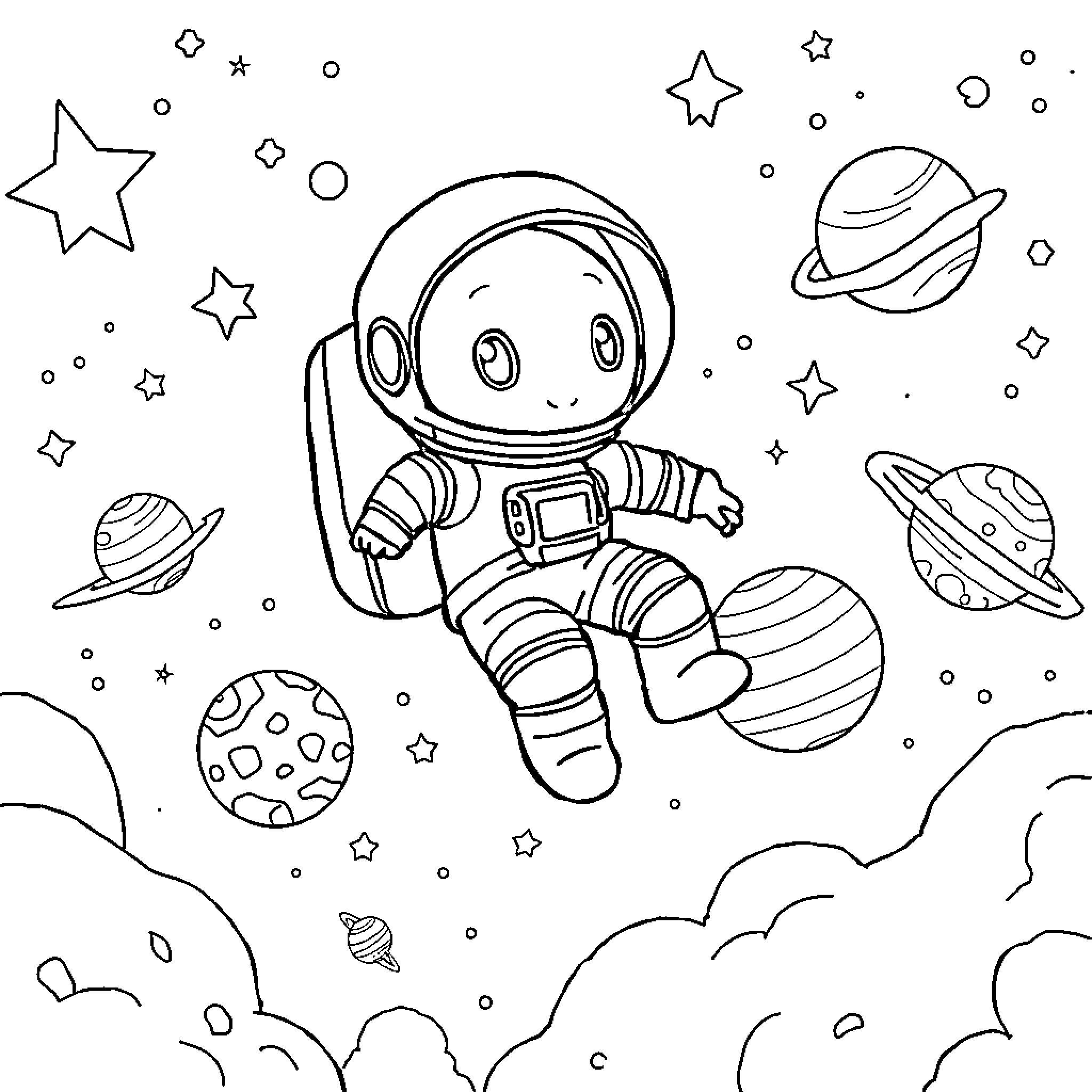Labubu's Space Adventure with Celestial Wonders Coloring Page (free black-and-white line drawing printable PDF for all, from beginners to advanced learners, including children, teens, adults, and seniors)