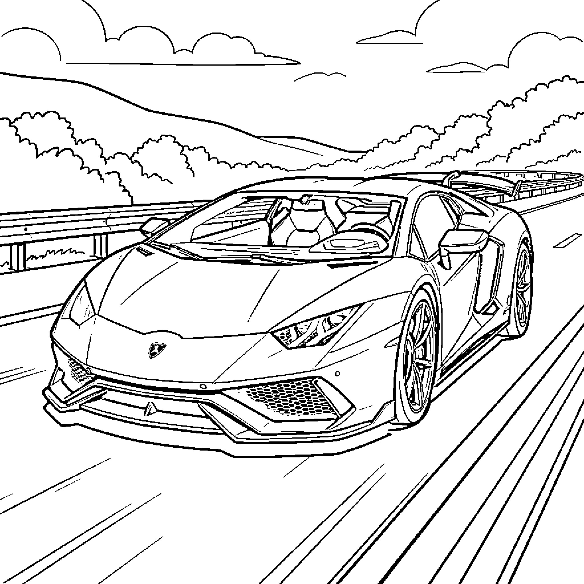 Lamborghini driving fast on a scenic mountain road Coloring Page (free black-and-white line drawing printable PDF for all, from beginners to advanced learners, including children, teens, adults, and seniors)
