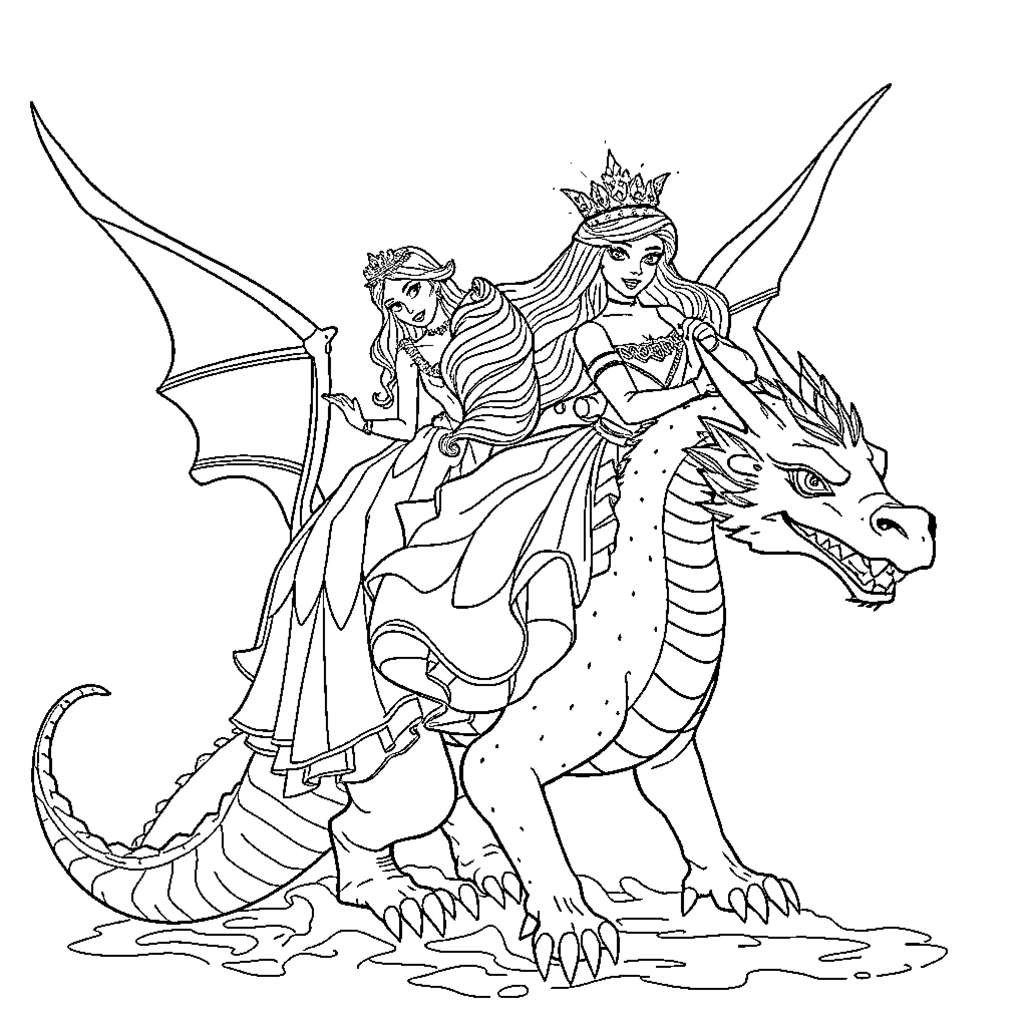 Dragon Princess and Winged Companion on Adventure Coloring Page (free black-and-white line drawing printable PDF for all, from beginners to advanced learners, including children, teens, adults, and seniors)