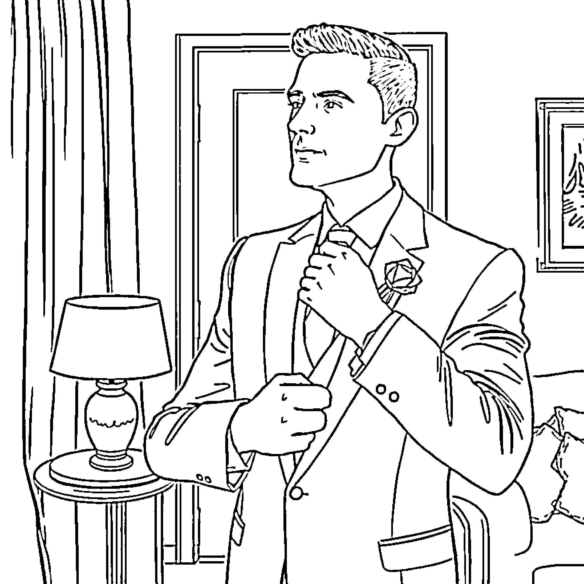 Groom adjusting his suit in a room Coloring Page (free black-and-white line drawing printable PDF for all, from beginners to advanced learners, including children, teens, adults, and seniors)