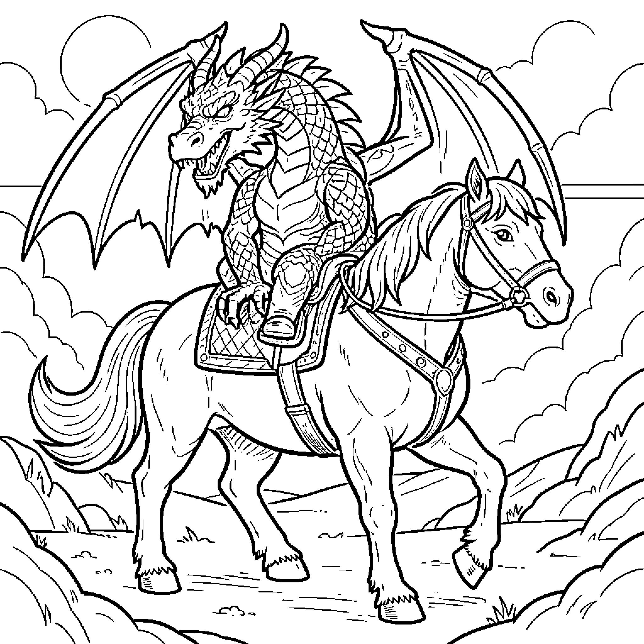 Dragon Rider on Majestic Winged Horse Coloring Page (free black-and-white line drawing printable PDF for all, from beginners to advanced learners, including children, teens, adults, and seniors)