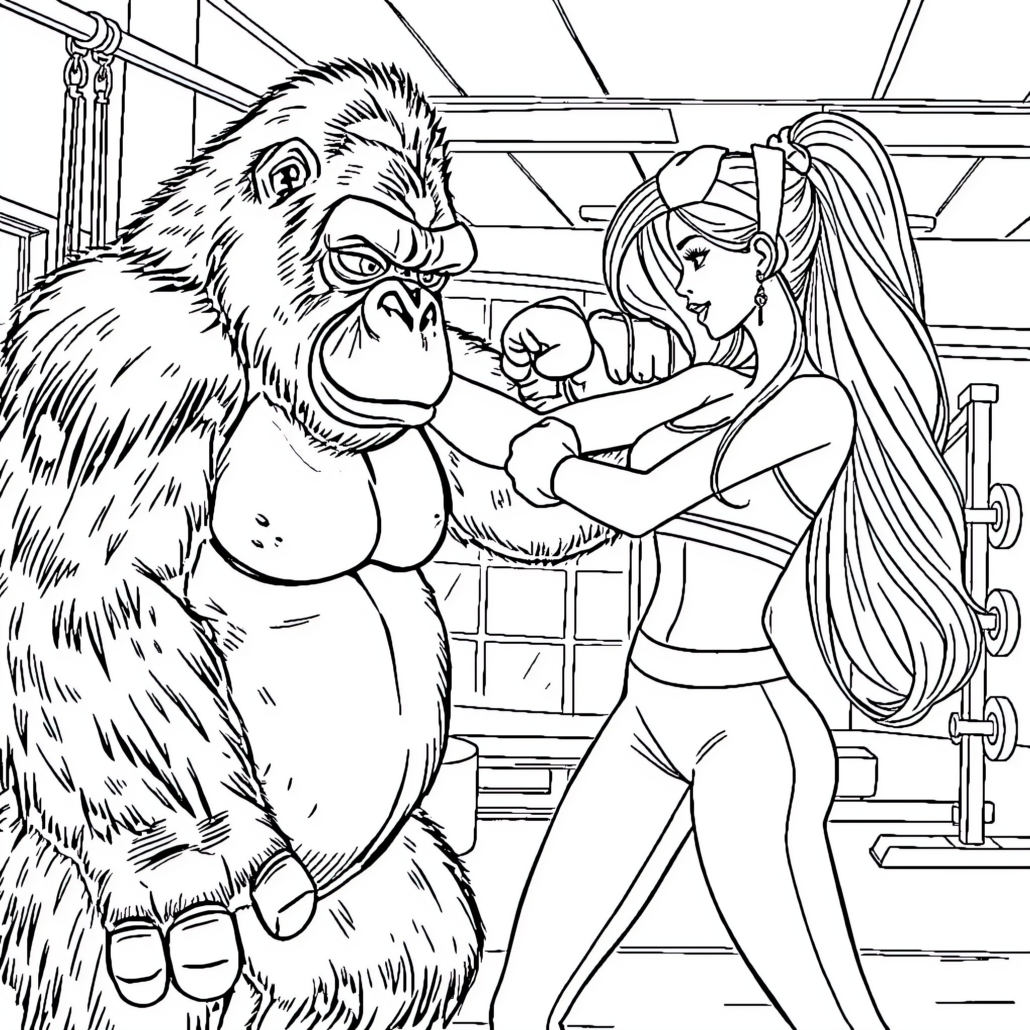 Barbie interacting with a giant gorilla in a room Coloring Page (free black-and-white line drawing printable PDF for all, from beginners to advanced learners, including children, teens, adults, and seniors)