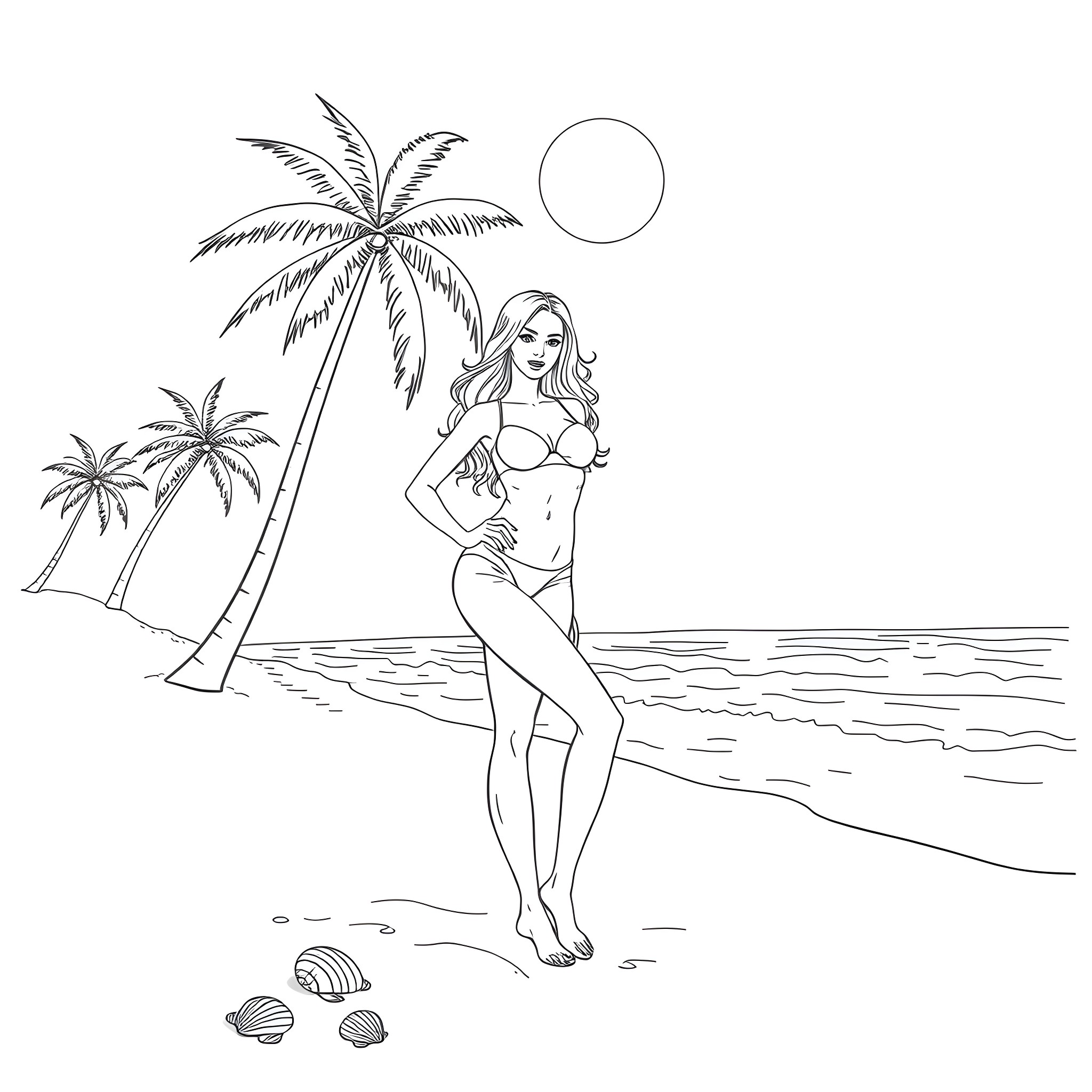Woman standing on beach with palm trees Coloring Page (free black-and-white line drawing printable PDF for all, from beginners to advanced learners, including children, teens, adults, and seniors)