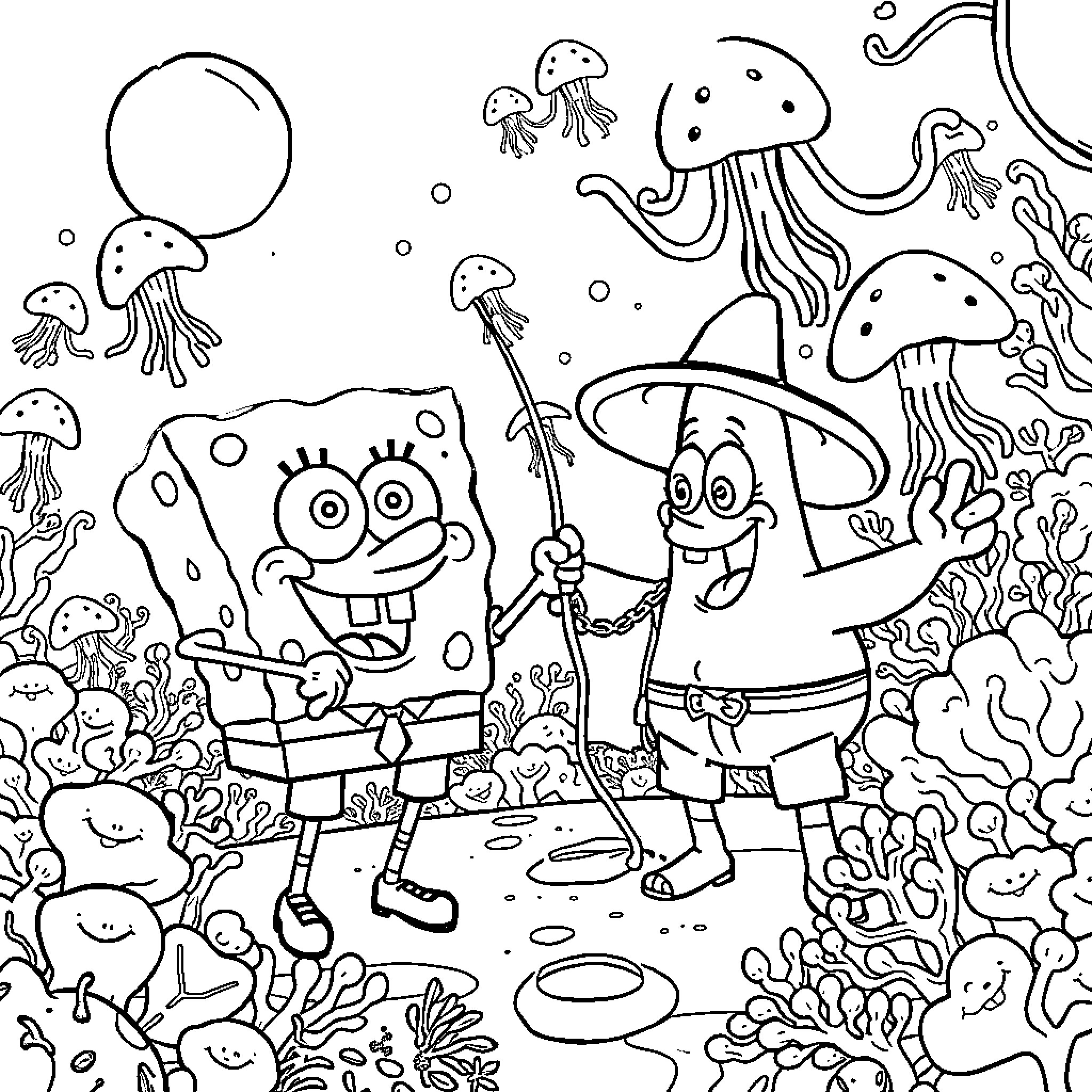 Spongebob and Patrick exploring the underwater world Coloring Page (free black-and-white line drawing printable PDF for all, from beginners to advanced learners, including children, teens, adults, and seniors)