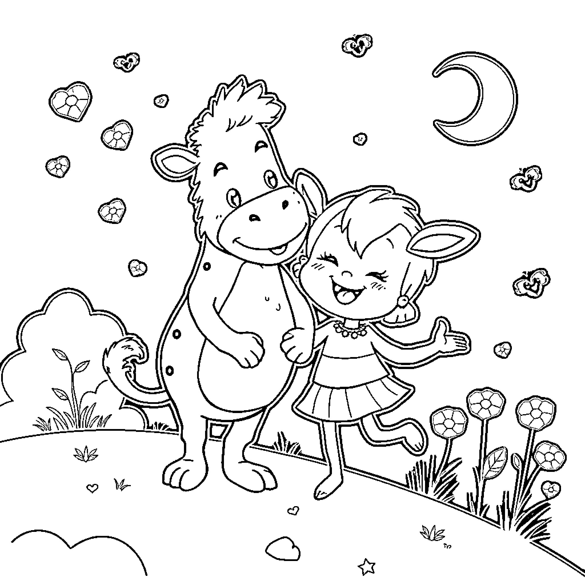 Muñeco de un niño y una niña jugando en un campo Coloring Page (free black-and-white line drawing printable PDF for all, from beginners to advanced learners, including children, teens, adults, and seniors)