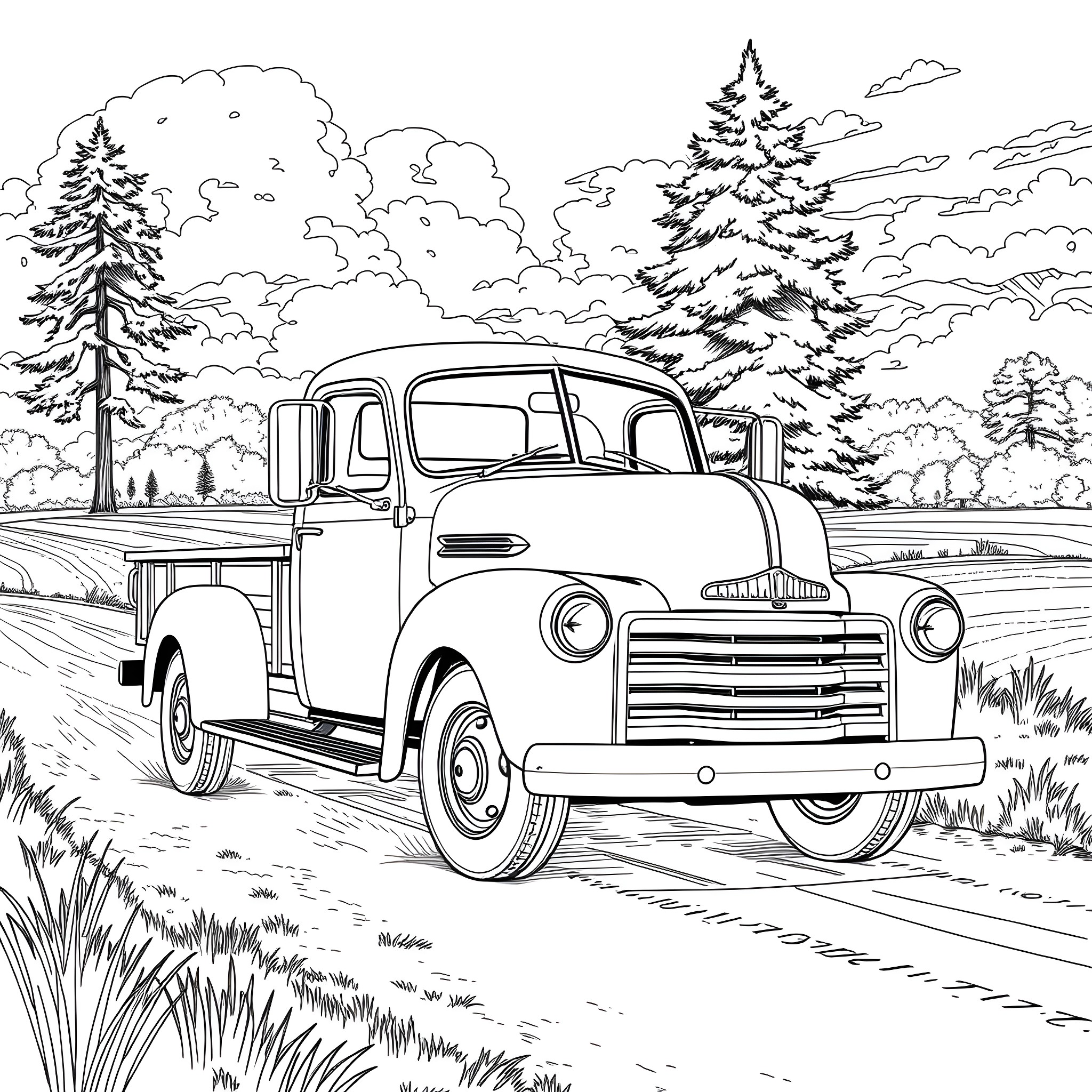 Truck on a rural road with pine trees Coloring Page (free black-and-white line drawing printable PDF for all, from beginners to advanced learners, including children, teens, adults, and seniors)
