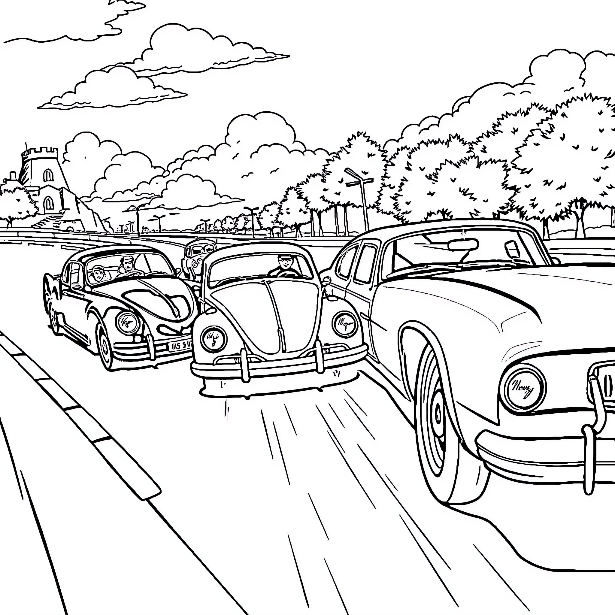 Car parade on a scenic road Coloring Page (free black-and-white line drawing printable PDF for all, from beginners to advanced learners, including children, teens, adults, and seniors)