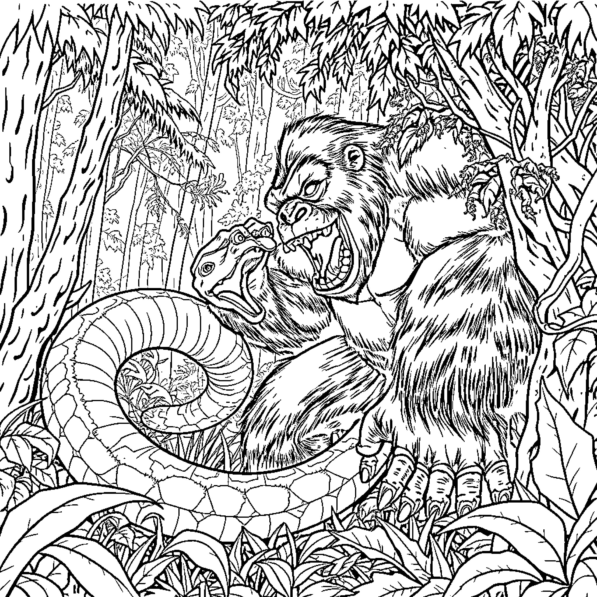 King Kong battling a giant snake in the jungle Coloring Page (free black-and-white line drawing printable PDF for all, from beginners to advanced learners, including children, teens, adults, and seniors)