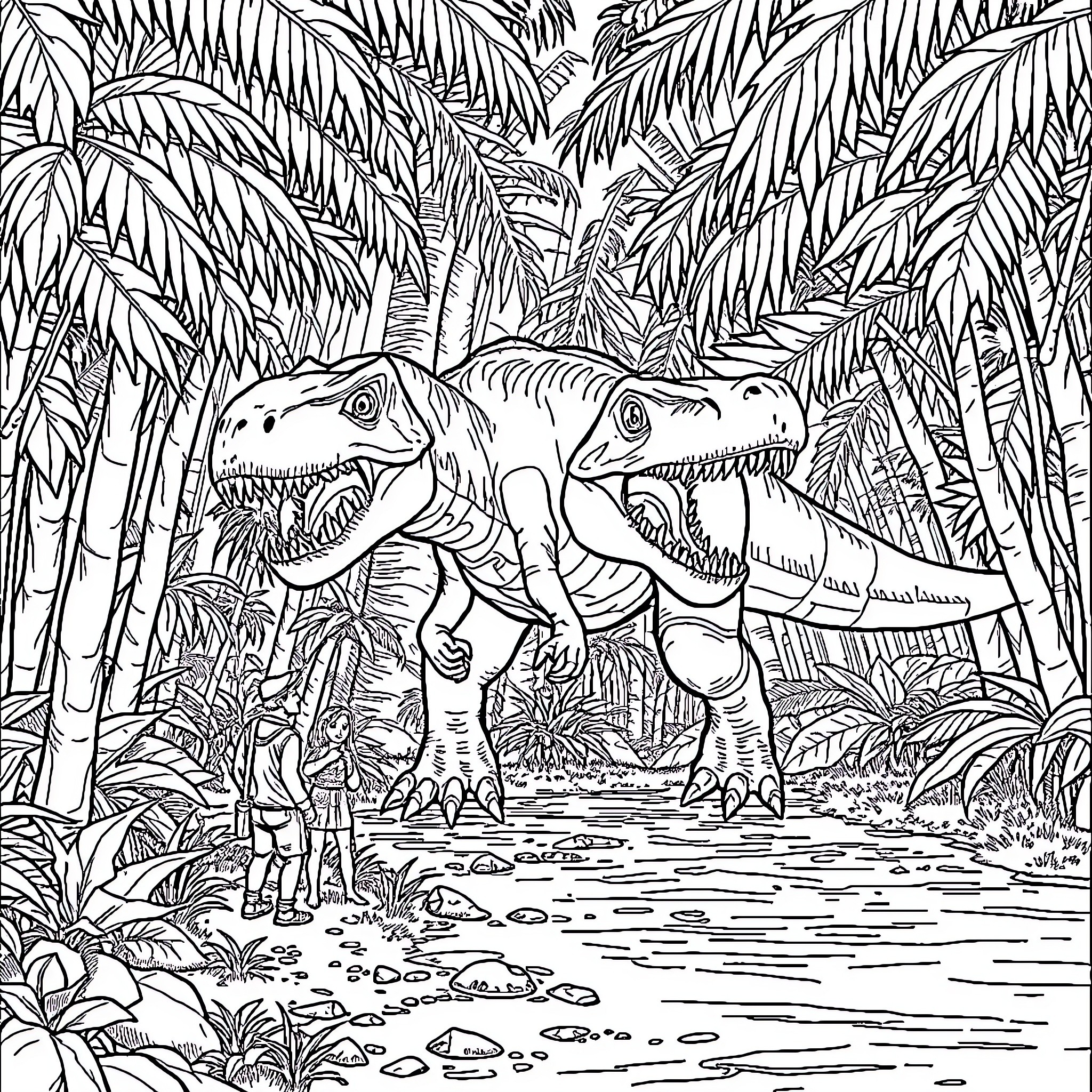 Dinosaurs hunting in the prehistoric jungle Coloring Page (free black-and-white line drawing printable PDF for all, from beginners to advanced learners, including children, teens, adults, and seniors)