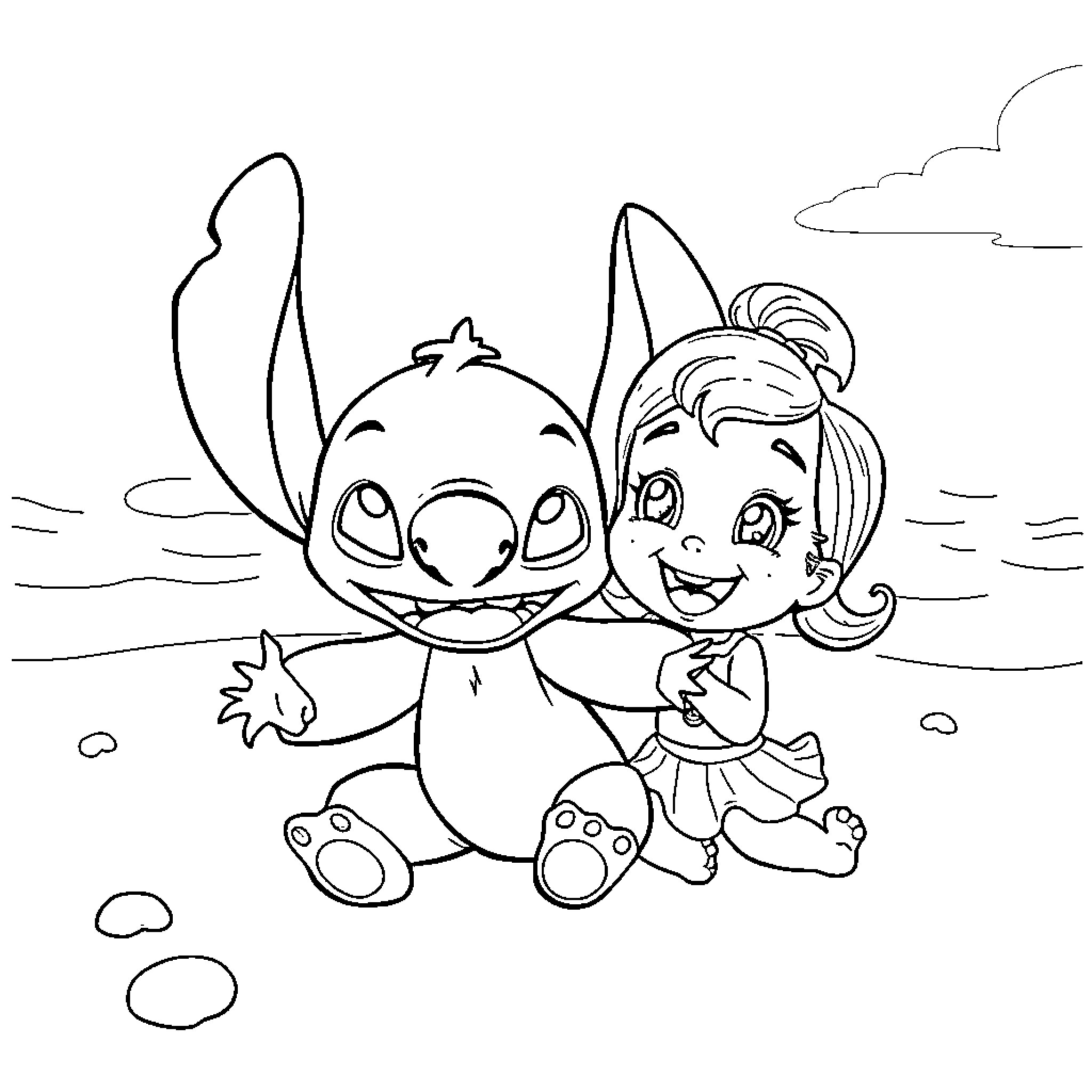 Stitch and girl playing happily together Coloring Page (free black-and-white line drawing printable PDF for all, from beginners to advanced learners, including children, teens, adults, and seniors)