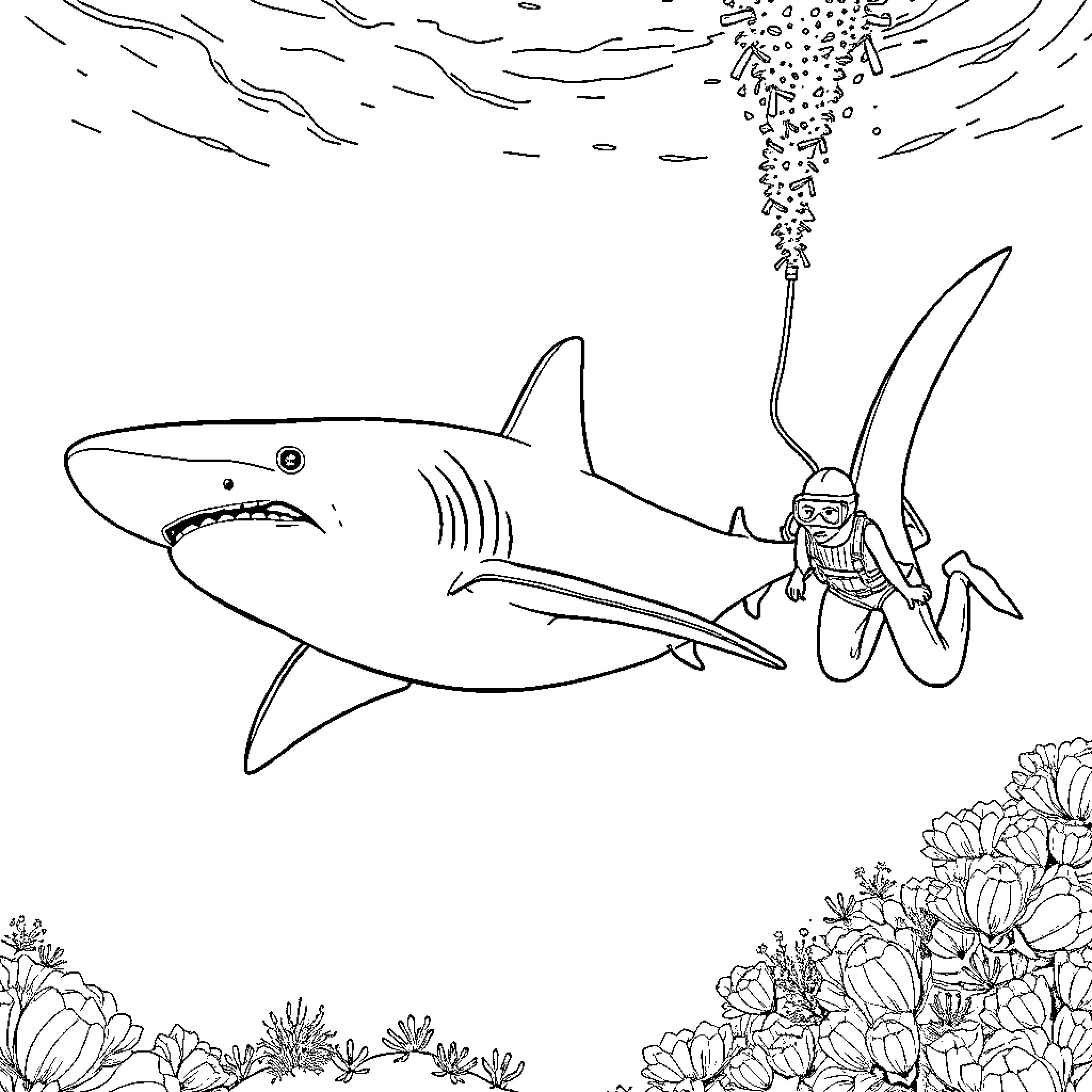 Thresher Shark hunting underwater with a scuba diver Coloring Page (free black-and-white line drawing printable PDF for all, from beginners to advanced learners, including children, teens, adults, and seniors)