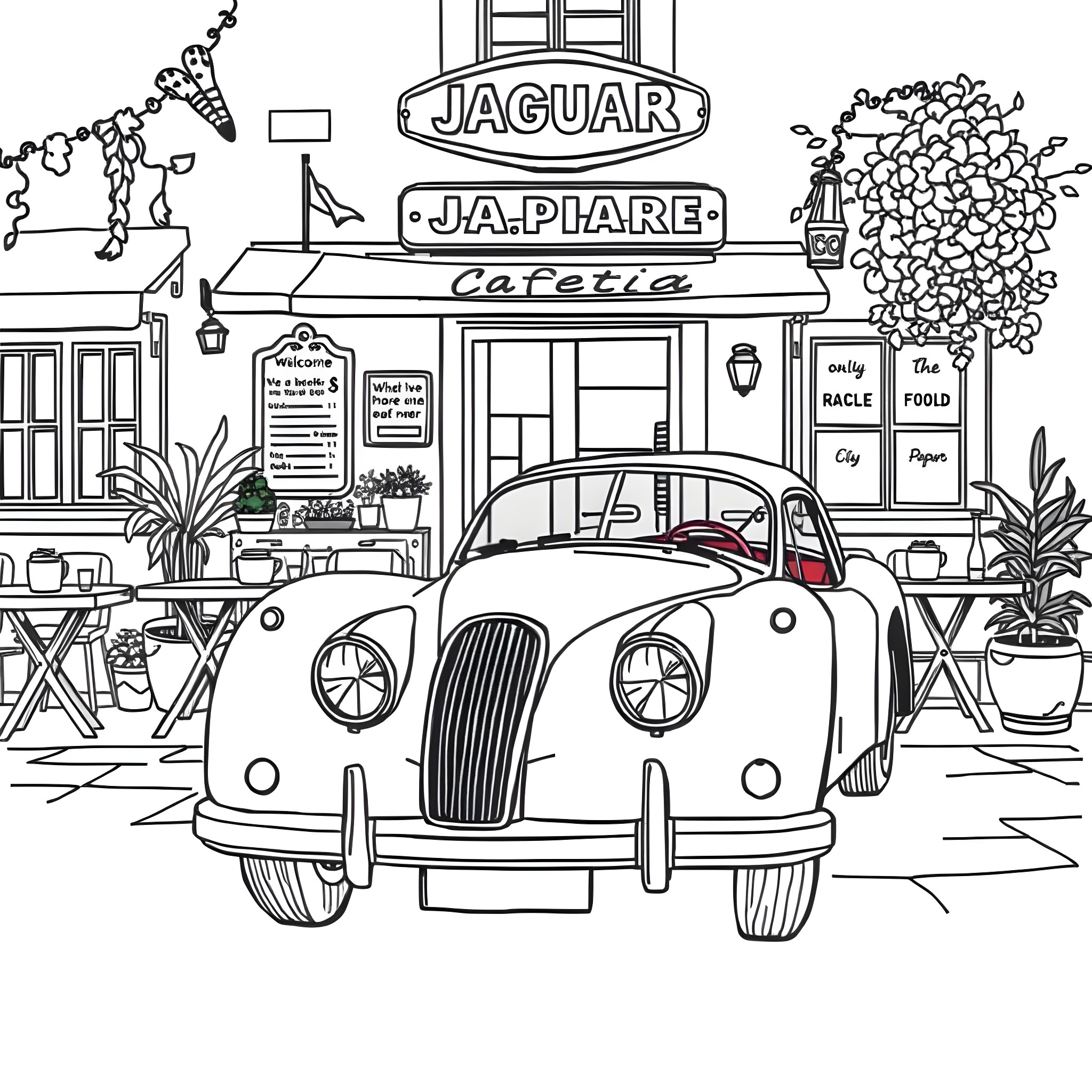 Jaguar cafeteria with a classic car in the front Coloring Page (free black-and-white line drawing printable PDF for all, from beginners to advanced learners, including children, teens, adults, and seniors)