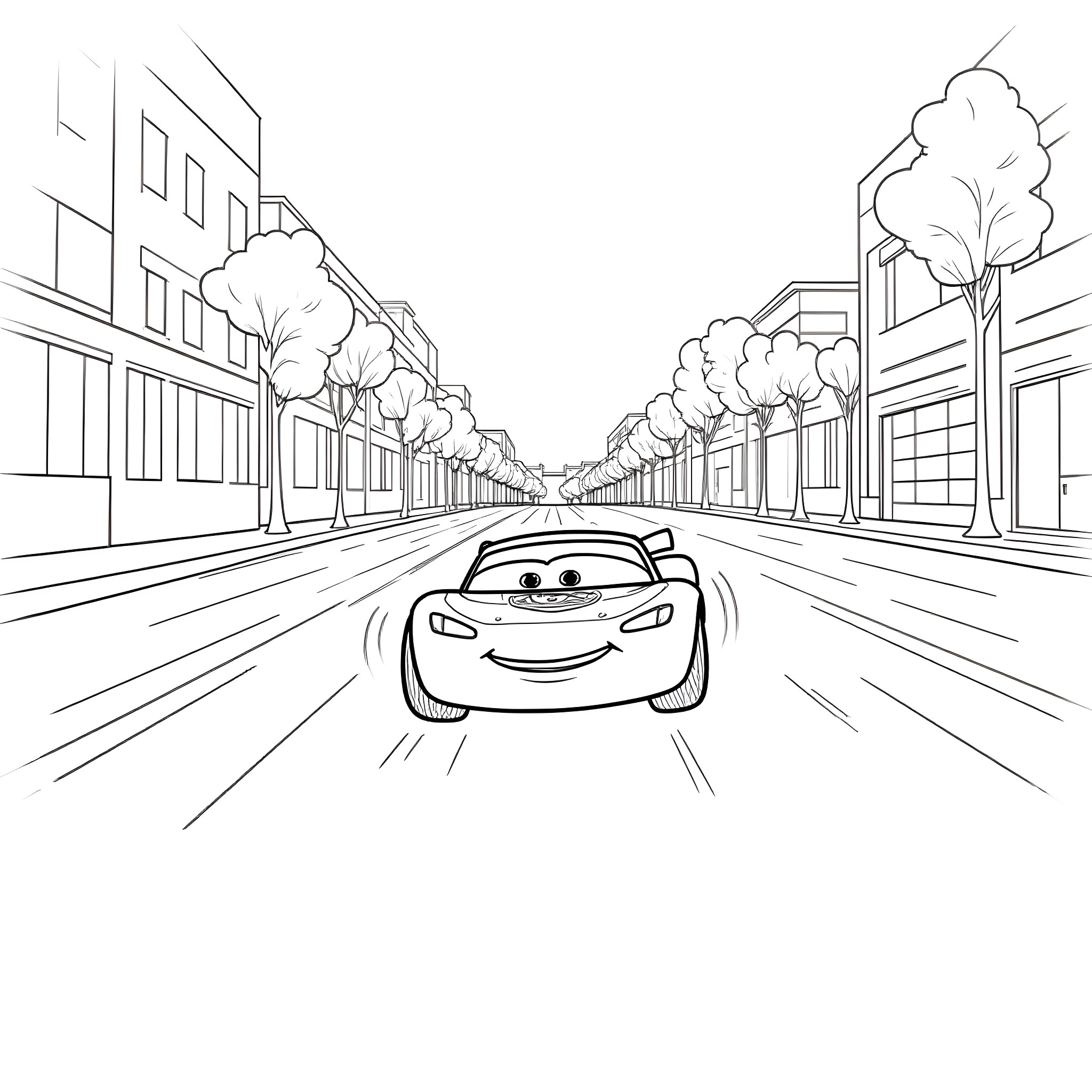 Lightning McQueen speeding through the city streets Coloring Page (free black-and-white line drawing printable PDF for all, from beginners to advanced learners, including children, teens, adults, and seniors)