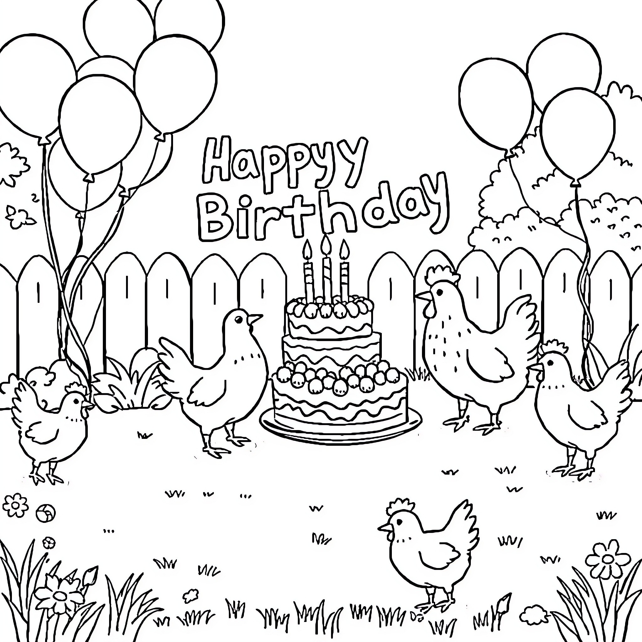 Chicken party with happy birthday cake and balloons Coloring Page (free black-and-white line drawing printable PDF for all, from beginners to advanced learners, including children, teens, adults, and seniors)