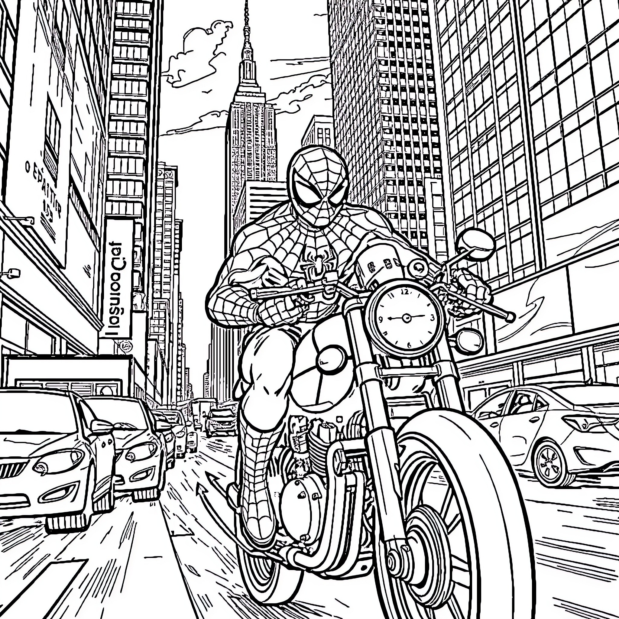 Spider-Man riding a motorcycle through the city Coloring Page (free black-and-white line drawing printable PDF for all, from beginners to advanced learners, including children, teens, adults, and seniors)
