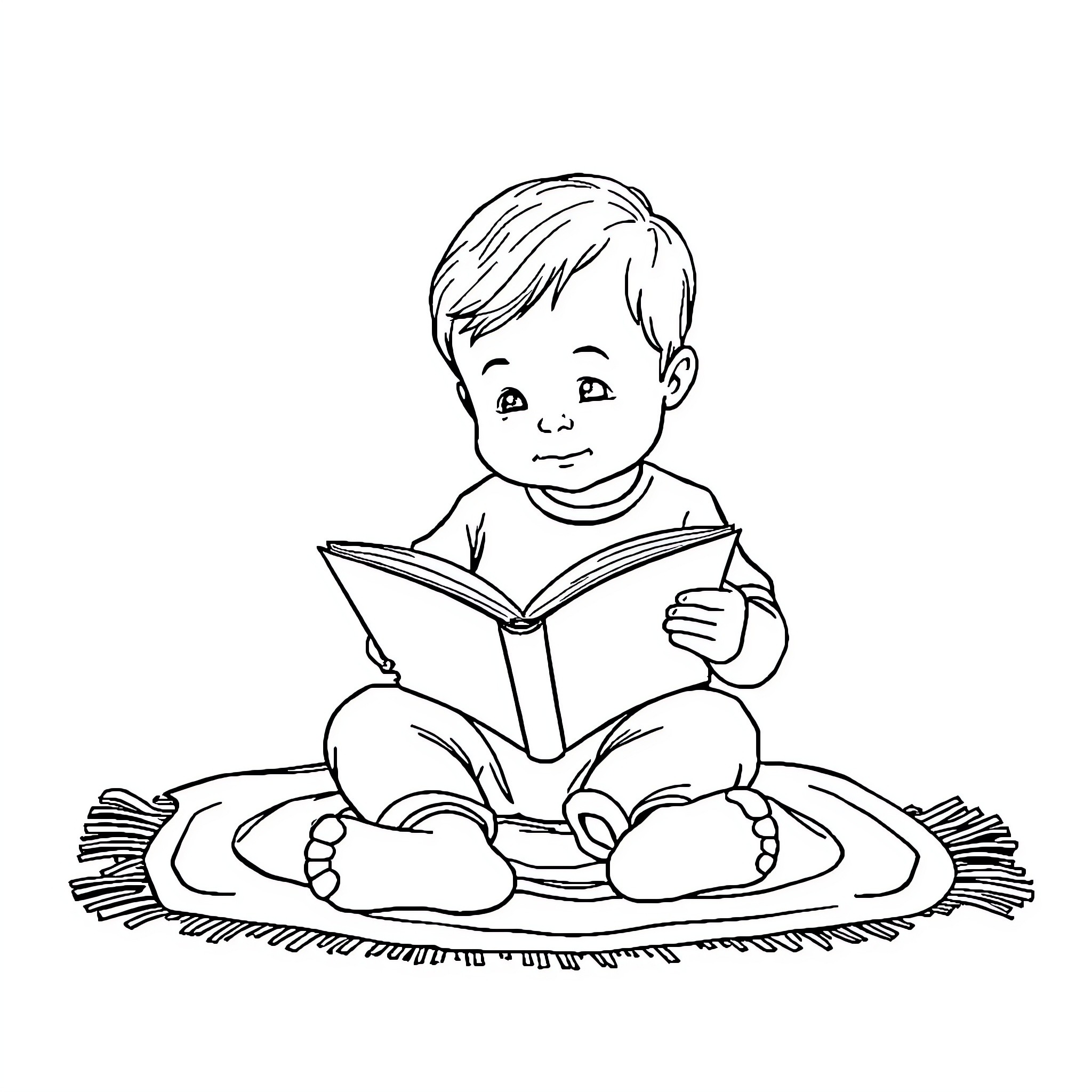 Toddler reading a book while sitting on a rug Coloring Page (free black-and-white line drawing printable PDF for all, from beginners to advanced learners, including children, teens, adults, and seniors)