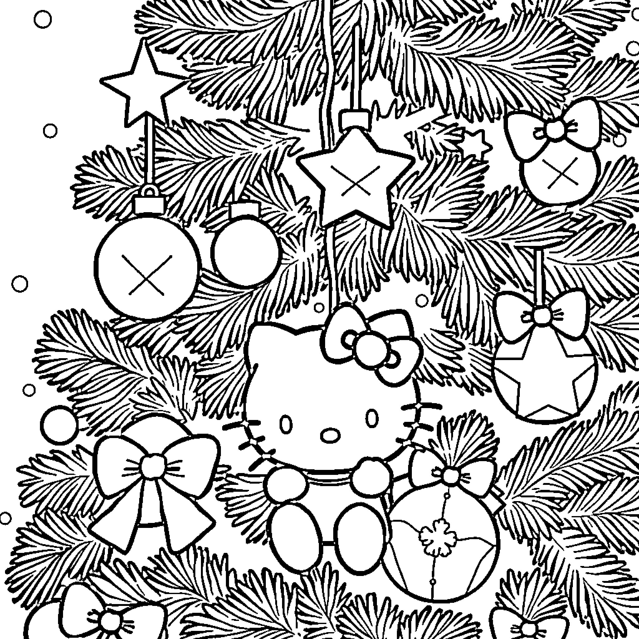 Hello Kitty decking the Christmas tree with ornaments and bows Coloring Page (free black-and-white line drawing printable PDF for all, from beginners to advanced learners, including children, teens, adults, and seniors)