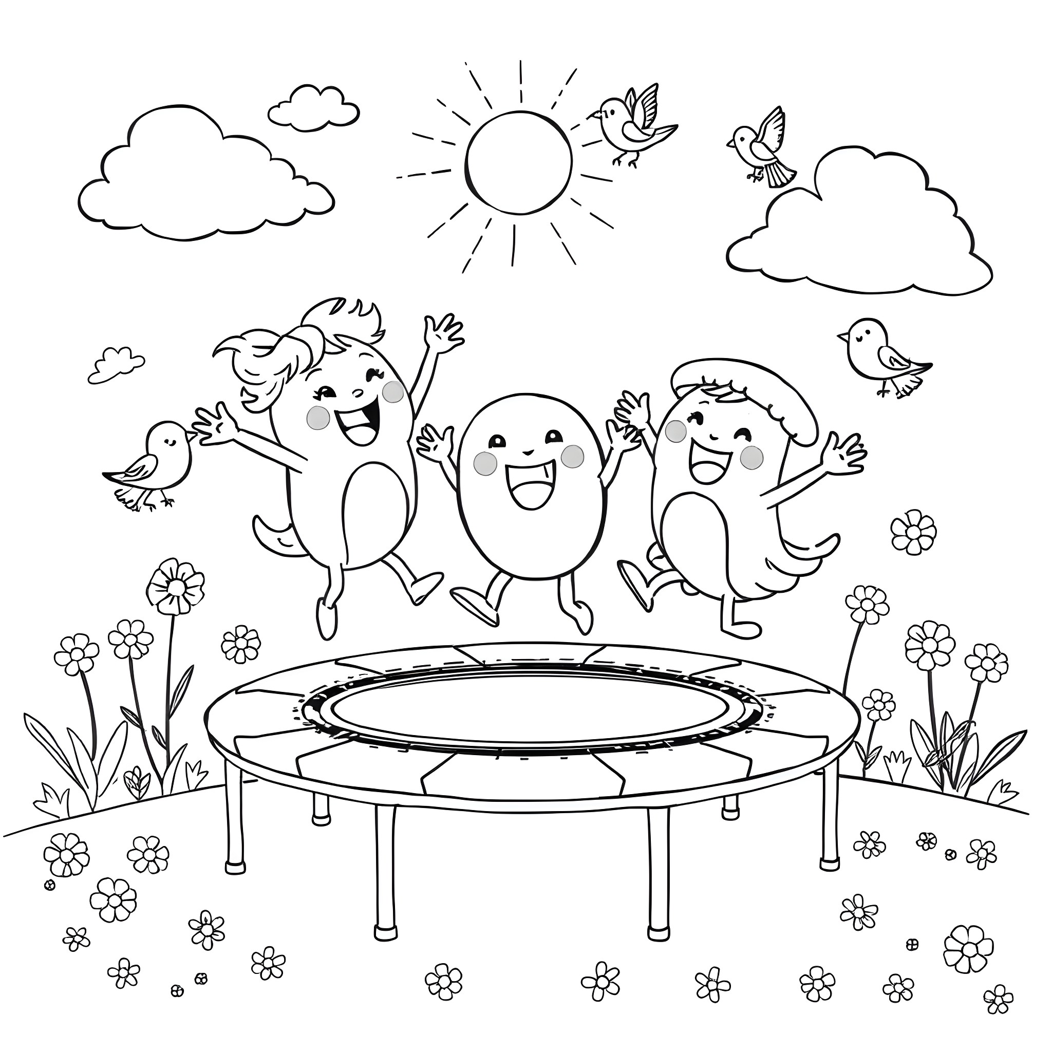 Cocomelon characters jumping happily on trampoline Coloring Page (free black-and-white line drawing printable PDF for all, from beginners to advanced learners, including children, teens, adults, and seniors)