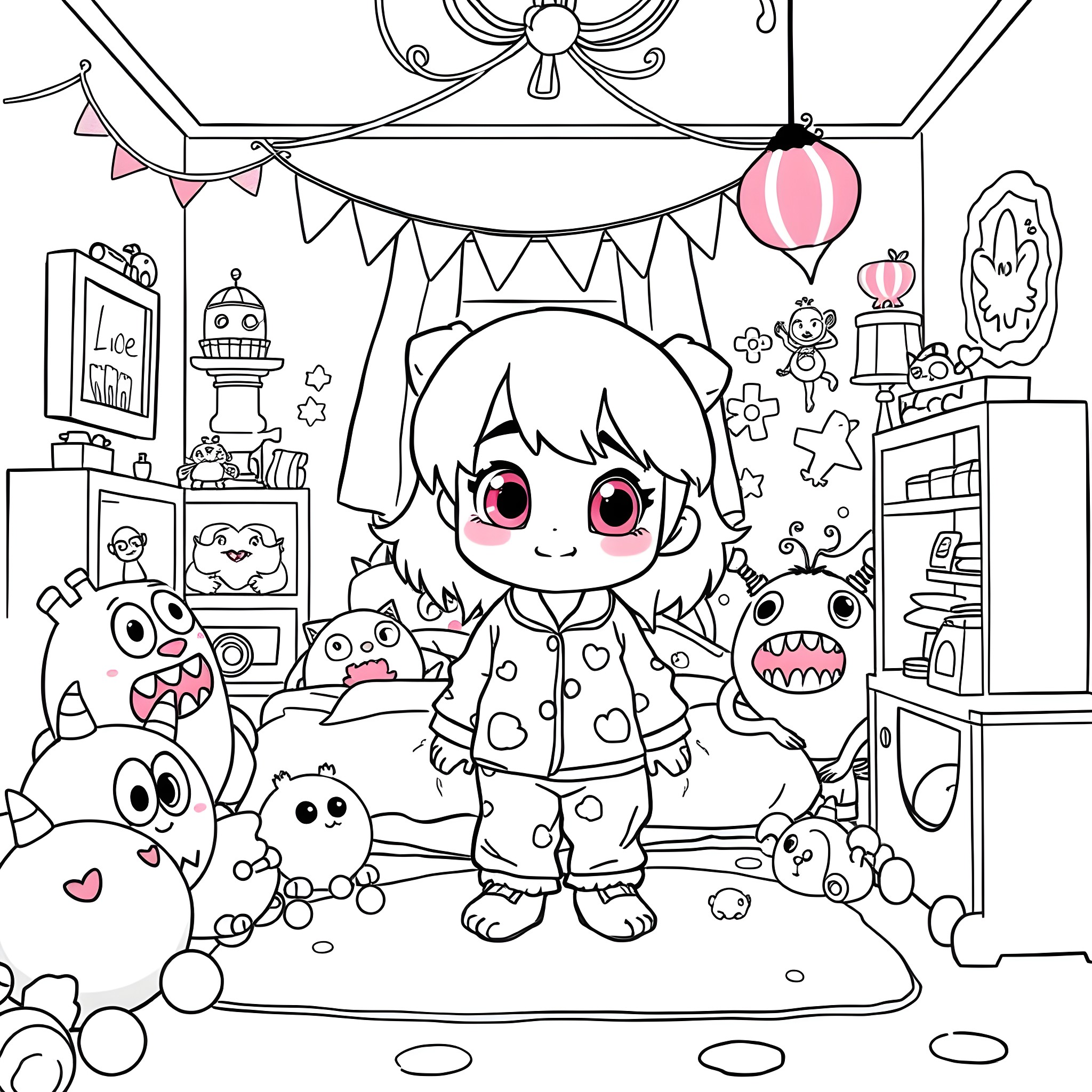 Boo's Playful Bedroom Adventure Coloring Page (free black-and-white line drawing printable PDF for all, from beginners to advanced learners, including children, teens, adults, and seniors)