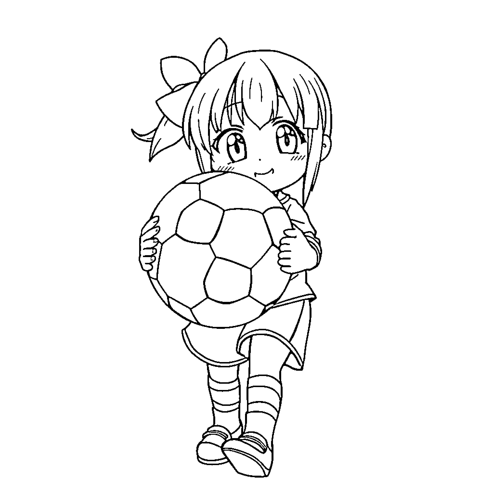 Kuromi playing happily with a soccer ball Coloring Page (free black-and-white line drawing printable PDF for all, from beginners to advanced learners, including children, teens, adults, and seniors)