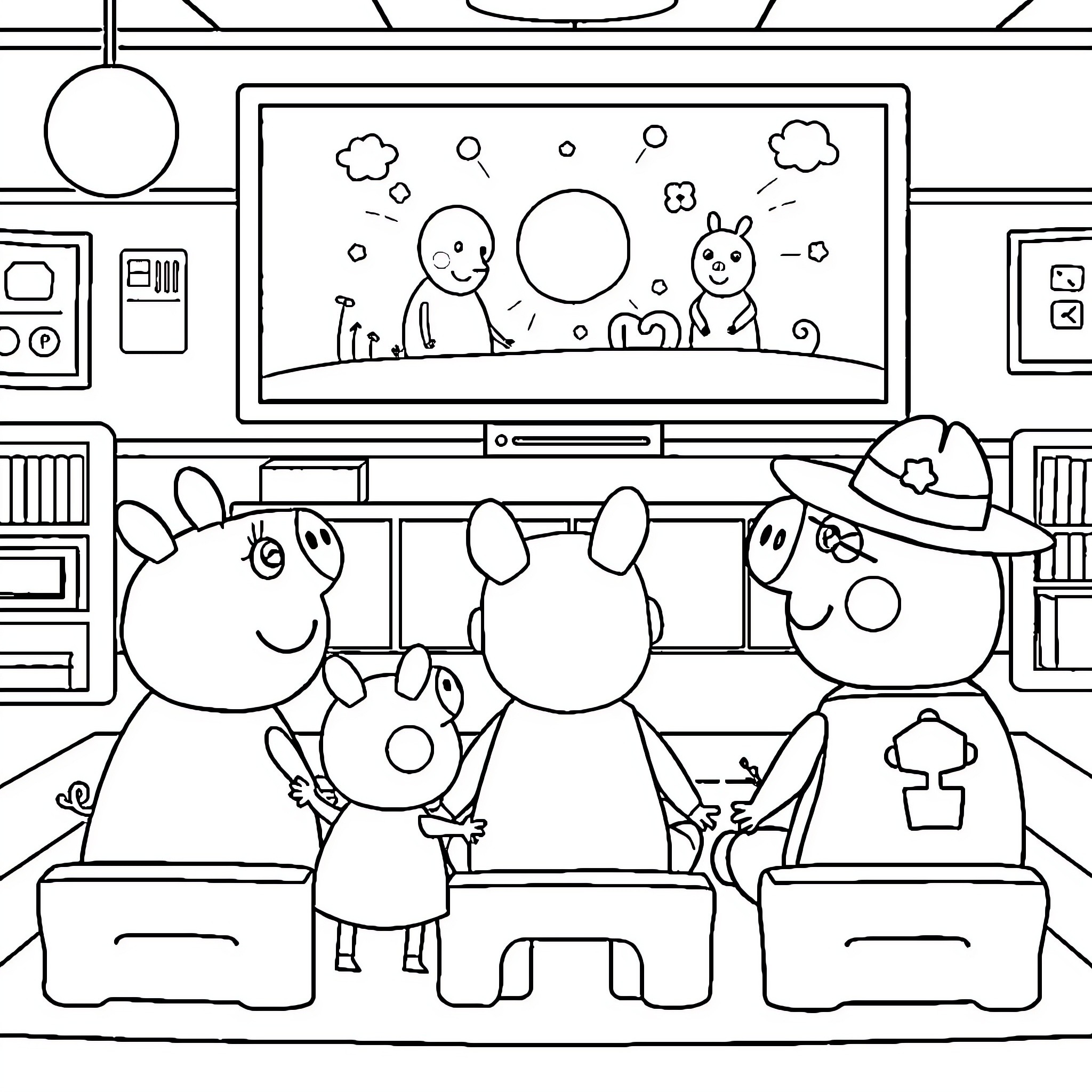 Character watching cartoon animation on TV Coloring Page (free black-and-white line drawing printable PDF for all, from beginners to advanced learners, including children, teens, adults, and seniors)