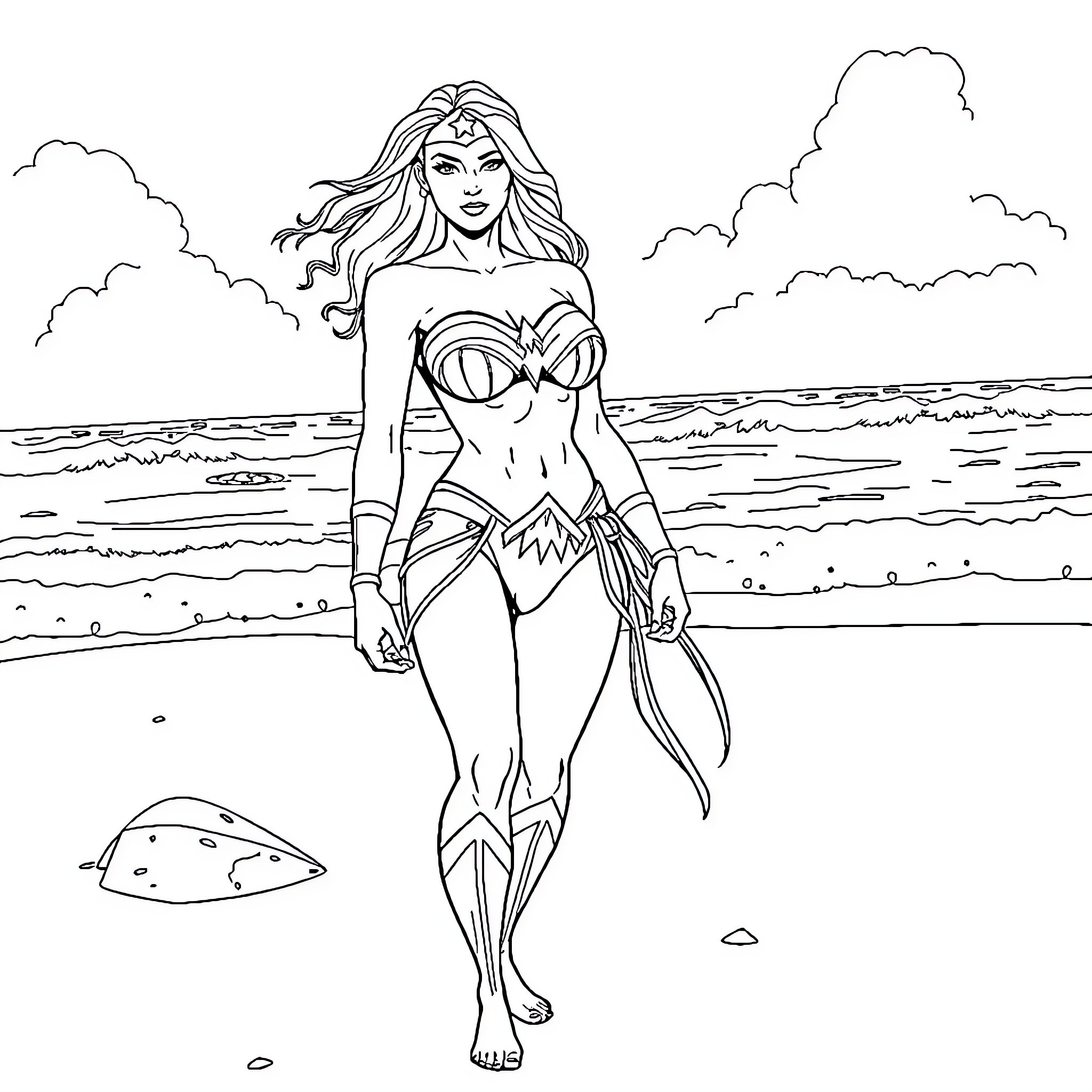 Wonder Woman walking confidently on the beach Coloring Page (free black-and-white line drawing printable PDF for all, from beginners to advanced learners, including children, teens, adults, and seniors)