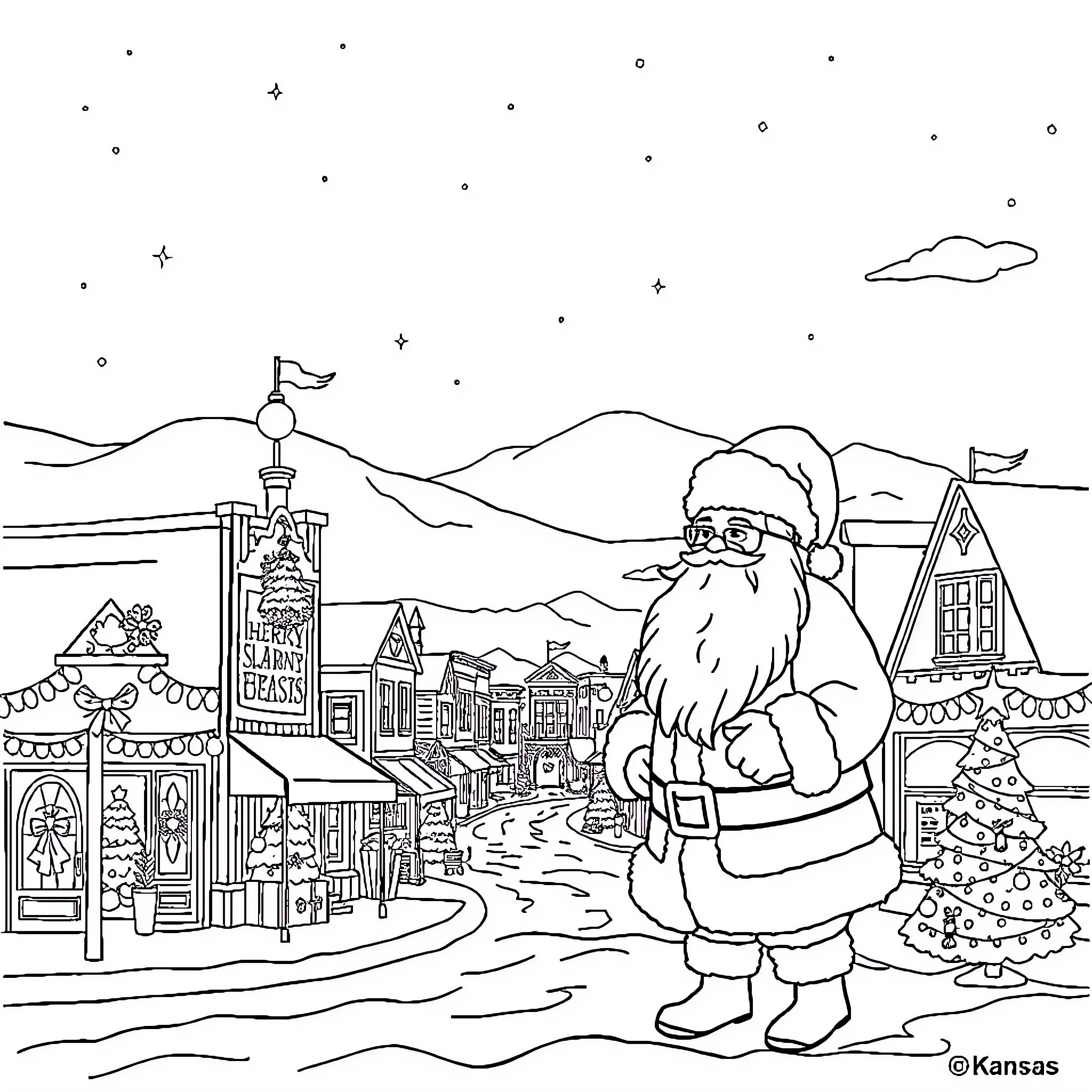 Santa in a snowy mountain town at night Coloring Page (free black-and-white line drawing printable PDF for all, from beginners to advanced learners, including children, teens, adults, and seniors)