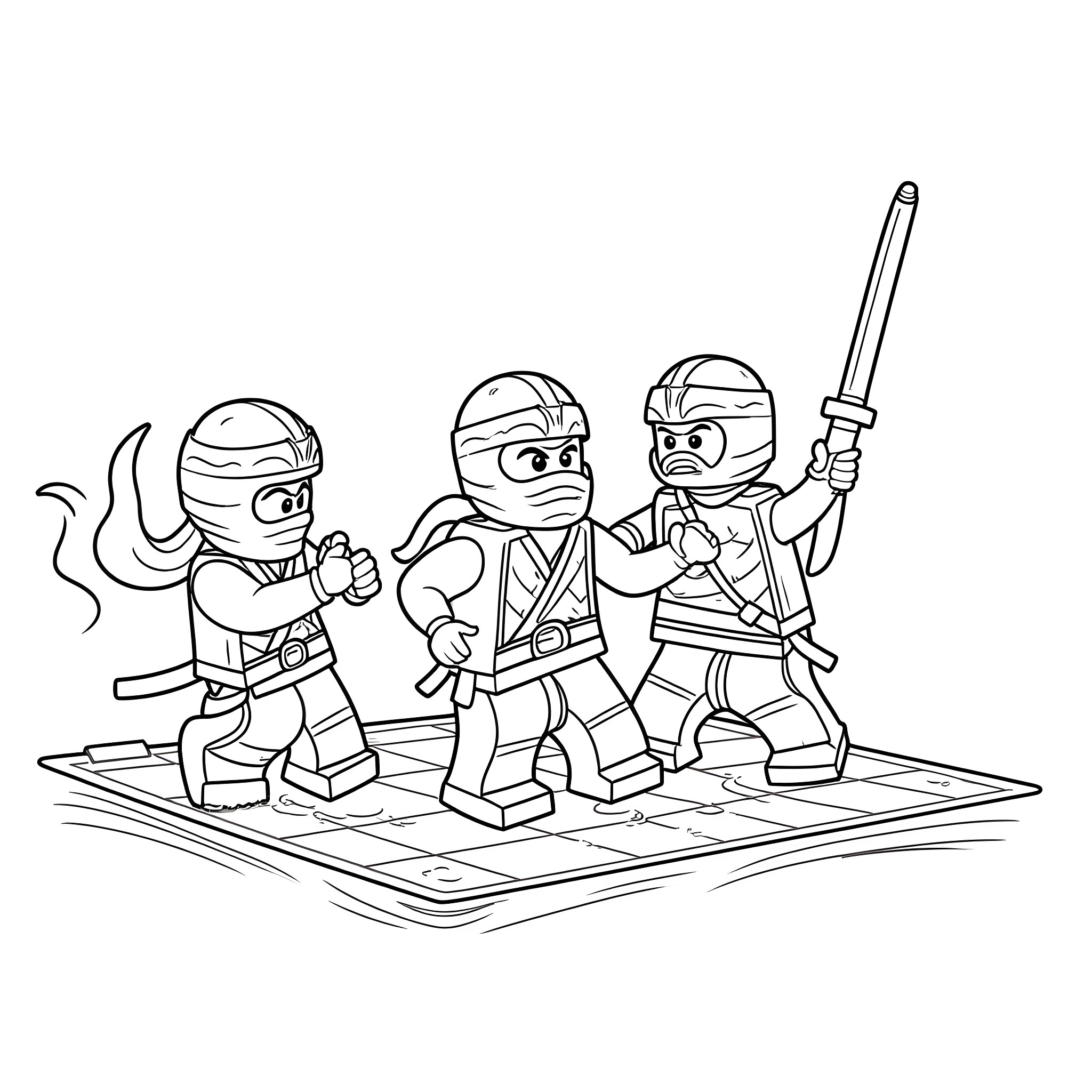 Ninjago characters in action poses Coloring Page (free black-and-white line drawing printable PDF for all, from beginners to advanced learners, including children, teens, adults, and seniors)