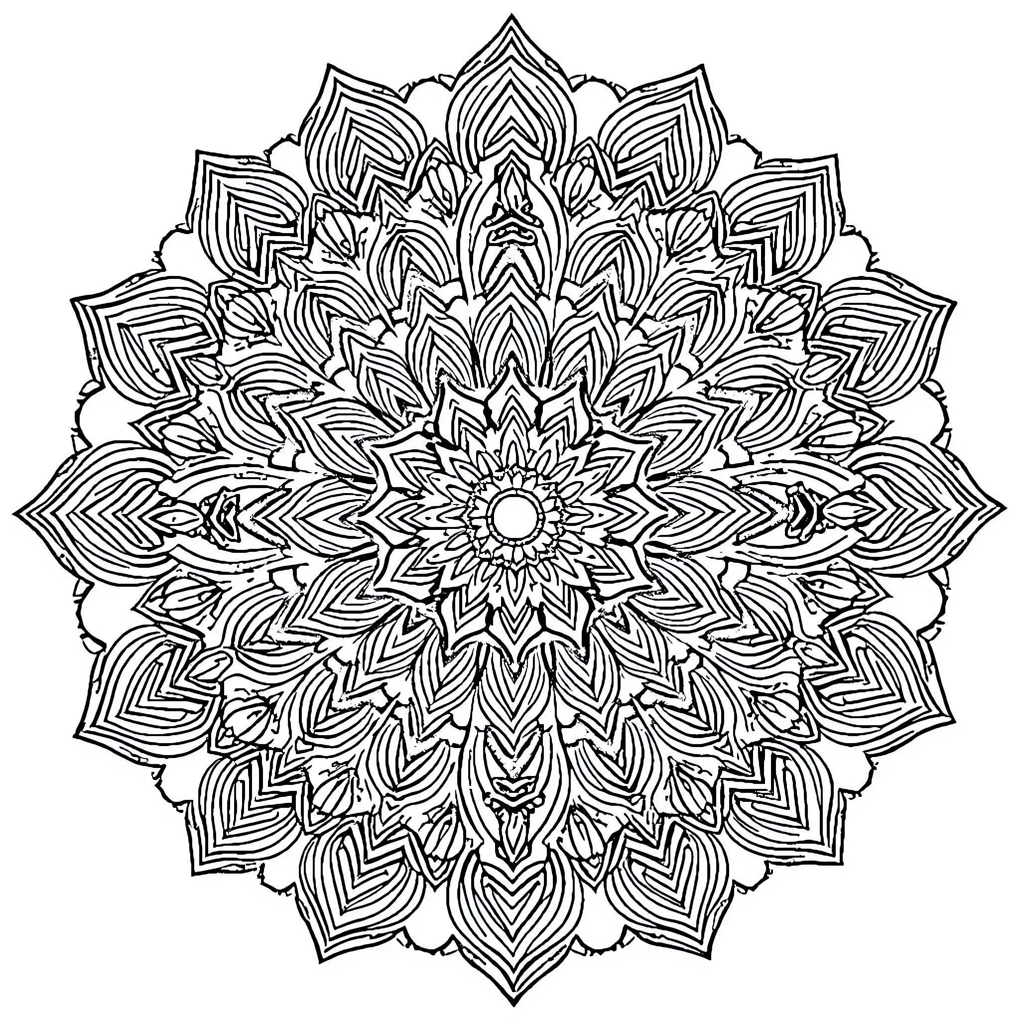 Mandala of intricate floral patterns Coloring Page (free black-and-white line drawing printable PDF for all, from beginners to advanced learners, including children, teens, adults, and seniors)