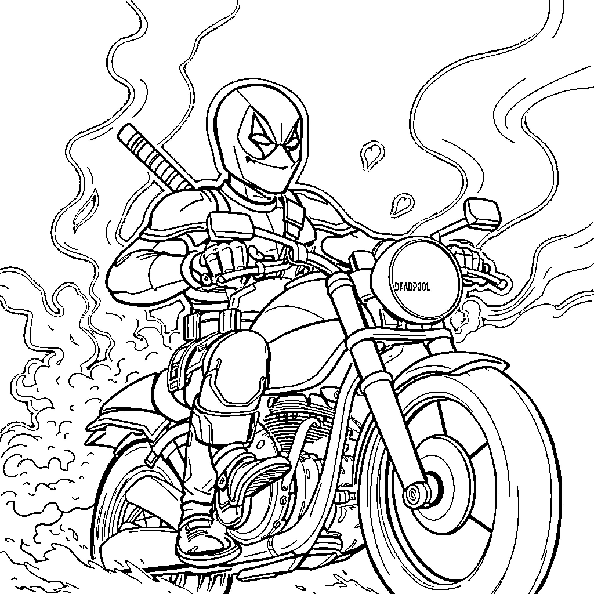 Deadpool riding a motorcycle with action and intensity Coloring Page (free black-and-white line drawing printable PDF for all, from beginners to advanced learners, including children, teens, adults, and seniors)