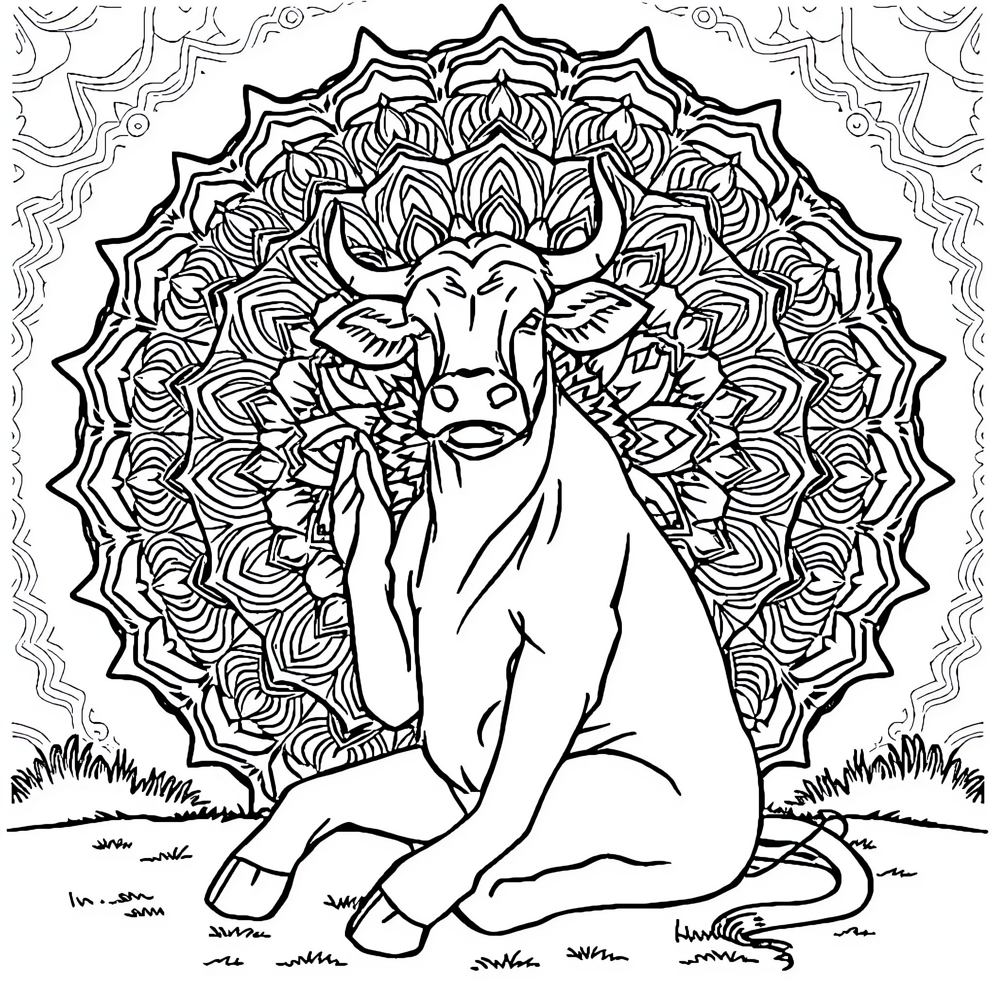 Cow relaxing peacefully in a floral mandala Coloring Page (free black-and-white line drawing printable PDF for all, from beginners to advanced learners, including children, teens, adults, and seniors)