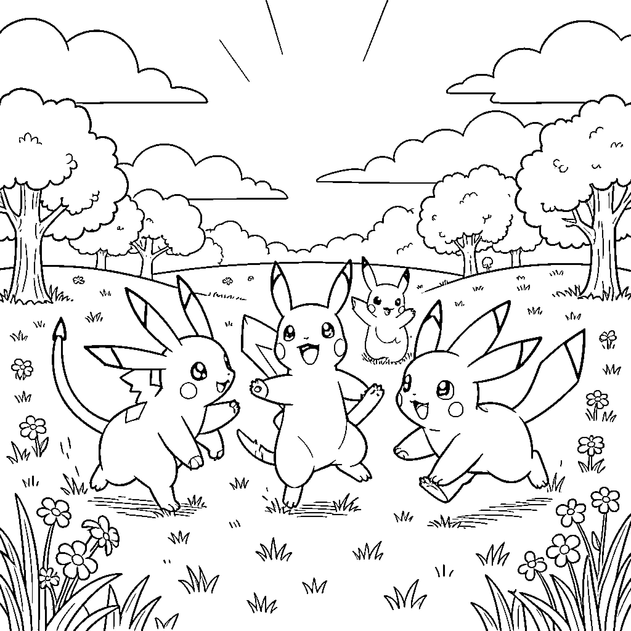 Pokémon playing joyfully in a grassy field Coloring Page (free black-and-white line drawing printable PDF for all, from beginners to advanced learners, including children, teens, adults, and seniors)