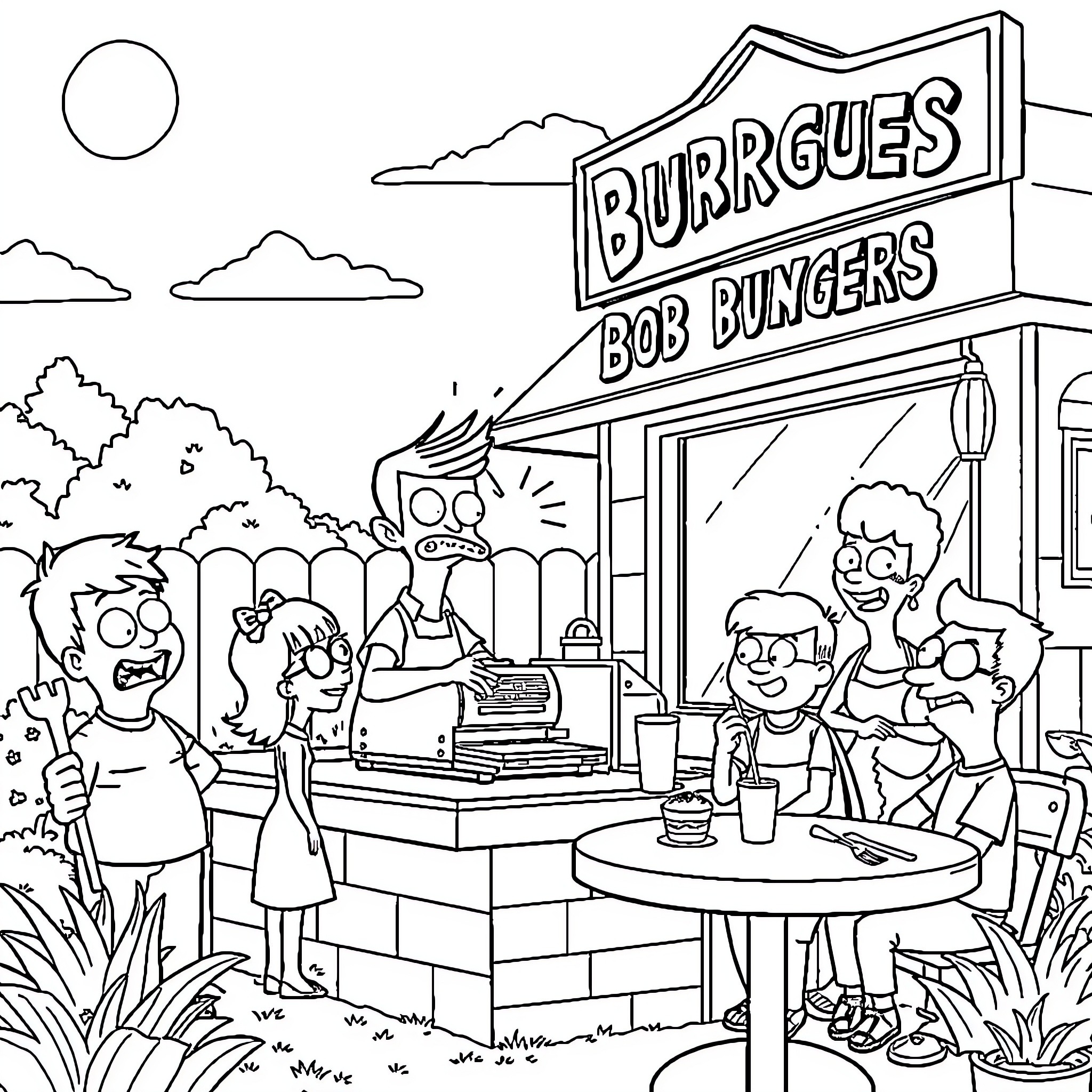 Burger Shop Customers Ordering and Enjoying Treats Coloring Page (free black-and-white line drawing printable PDF for all, from beginners to advanced learners, including children, teens, adults, and seniors)
