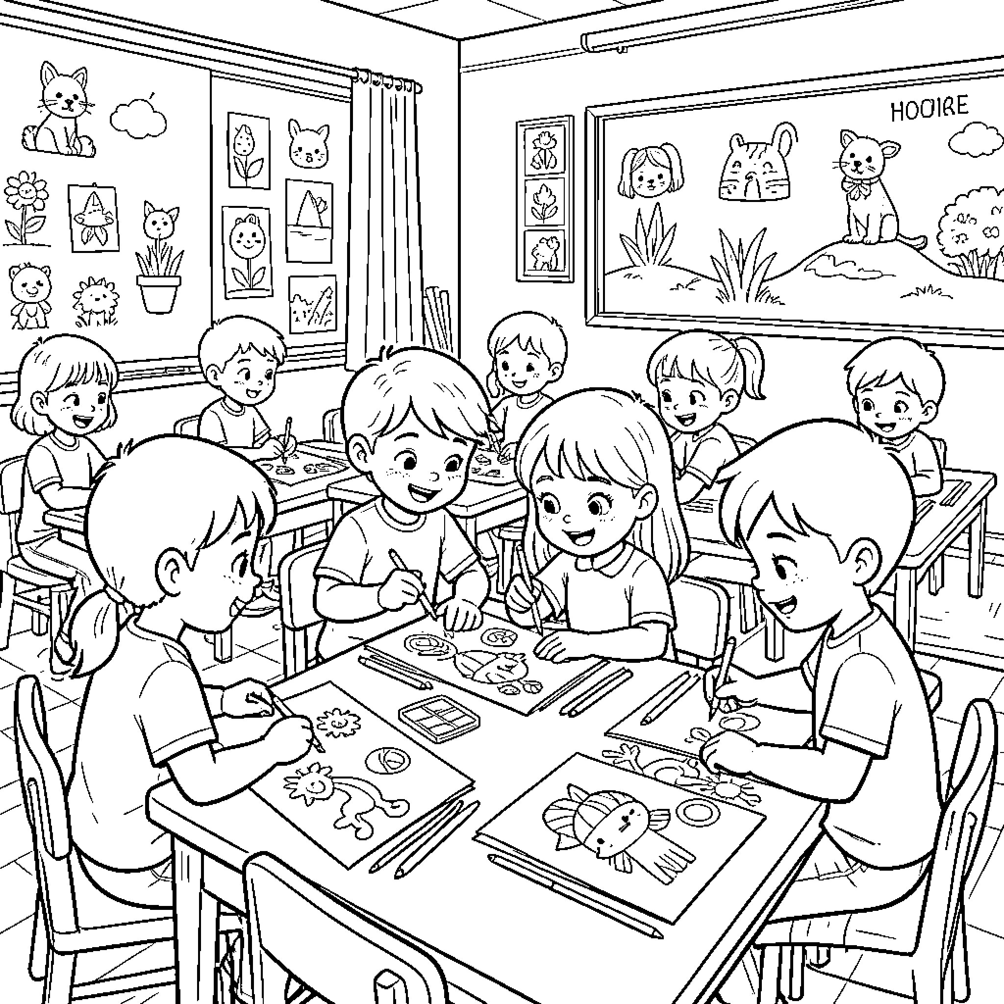 Primary school students drawing and learning at desks Coloring Page (free black-and-white line drawing printable PDF for all, from beginners to advanced learners, including children, teens, adults, and seniors)