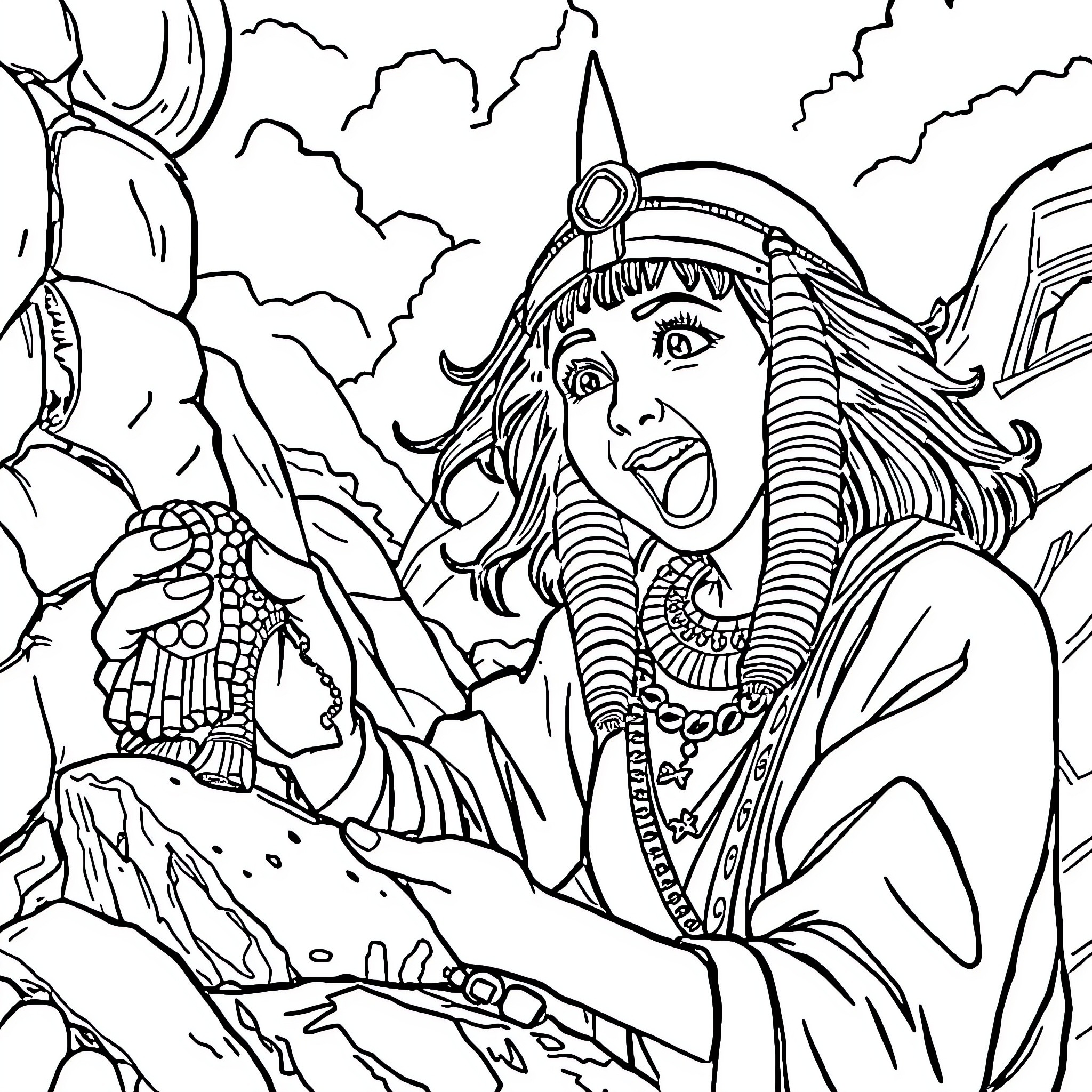 Archaeologist discovers ancient relics in dramatic landscape Coloring Page (free black-and-white line drawing printable PDF for all, from beginners to advanced learners, including children, teens, adults, and seniors)