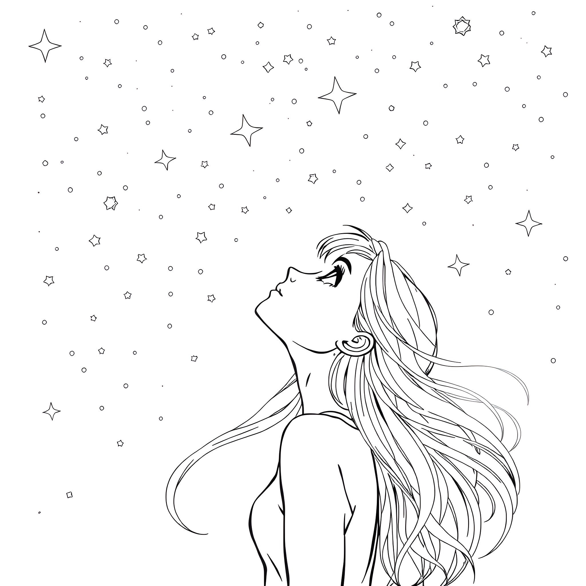 Xanthe gazing at the starry night sky Coloring Page (free black-and-white line drawing printable PDF for all, from beginners to advanced learners, including children, teens, adults, and seniors)