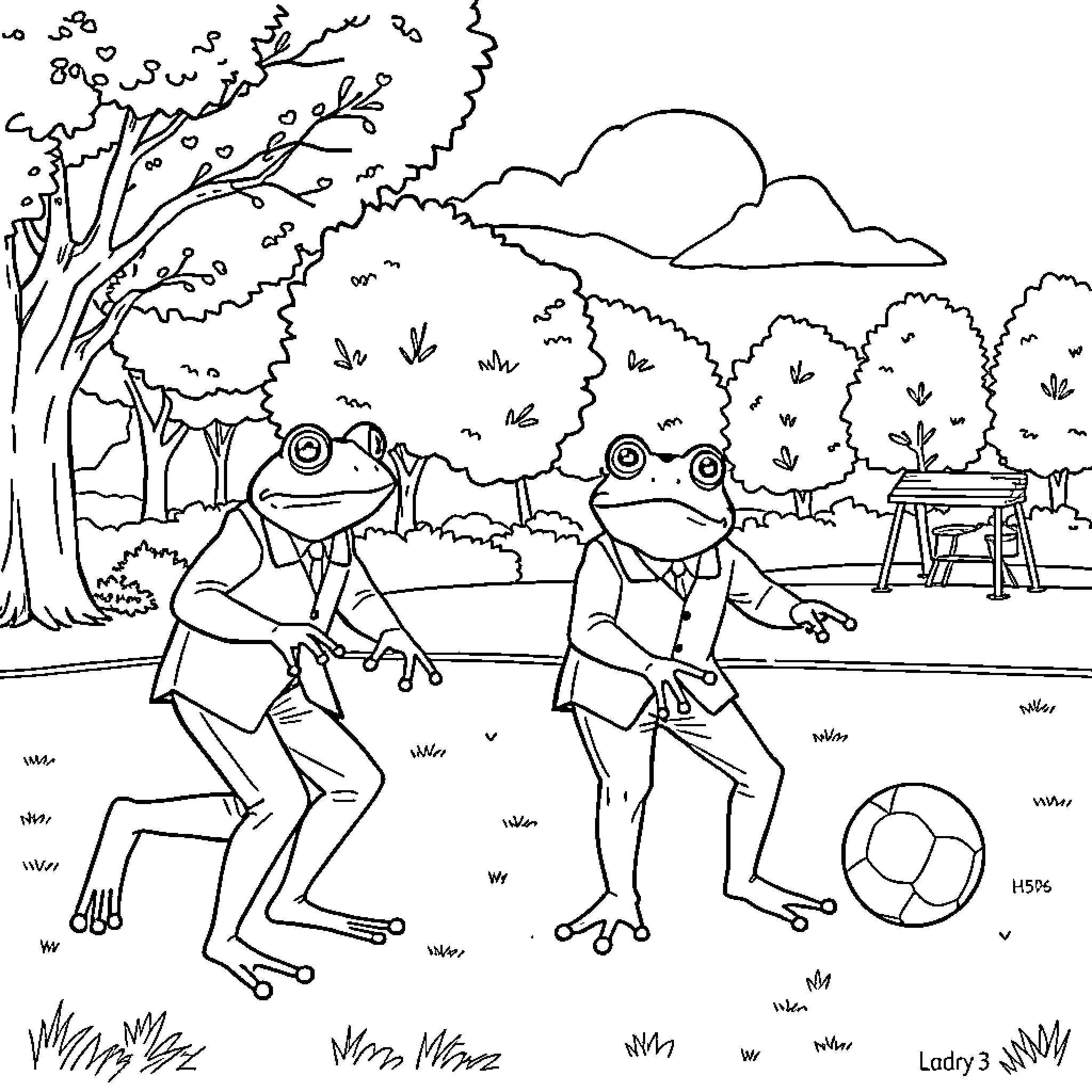 Frogman playing soccer in the park Coloring Page (free black-and-white line drawing printable PDF for all, from beginners to advanced learners, including children, teens, adults, and seniors)