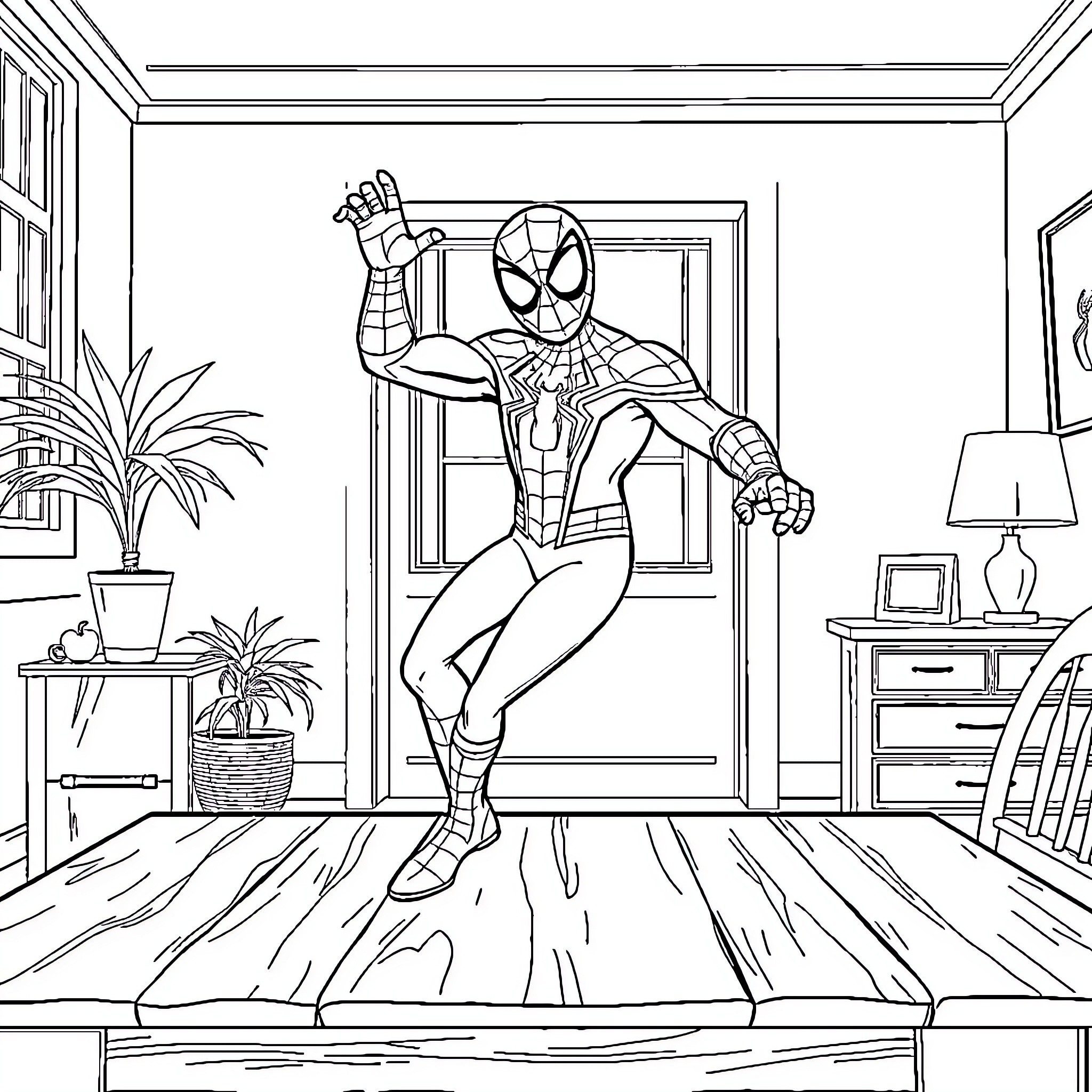 Spiderman in heroic action pose at home Coloring Page (free black-and-white line drawing printable PDF for all, from beginners to advanced learners, including children, teens, adults, and seniors)