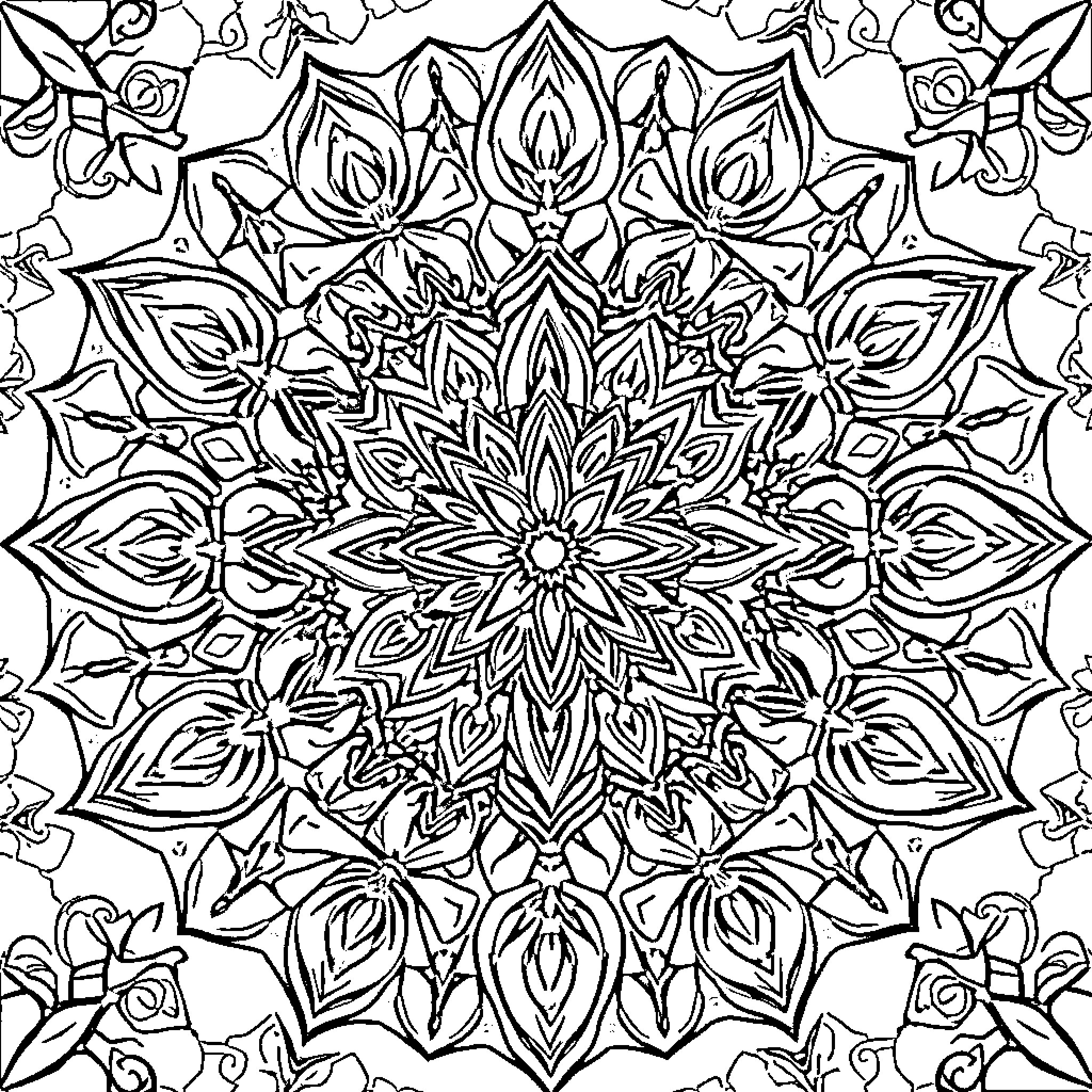 Mandala of intricate floral patterns and shapes Coloring Page (free black-and-white line drawing printable PDF for all, from beginners to advanced learners, including children, teens, adults, and seniors)