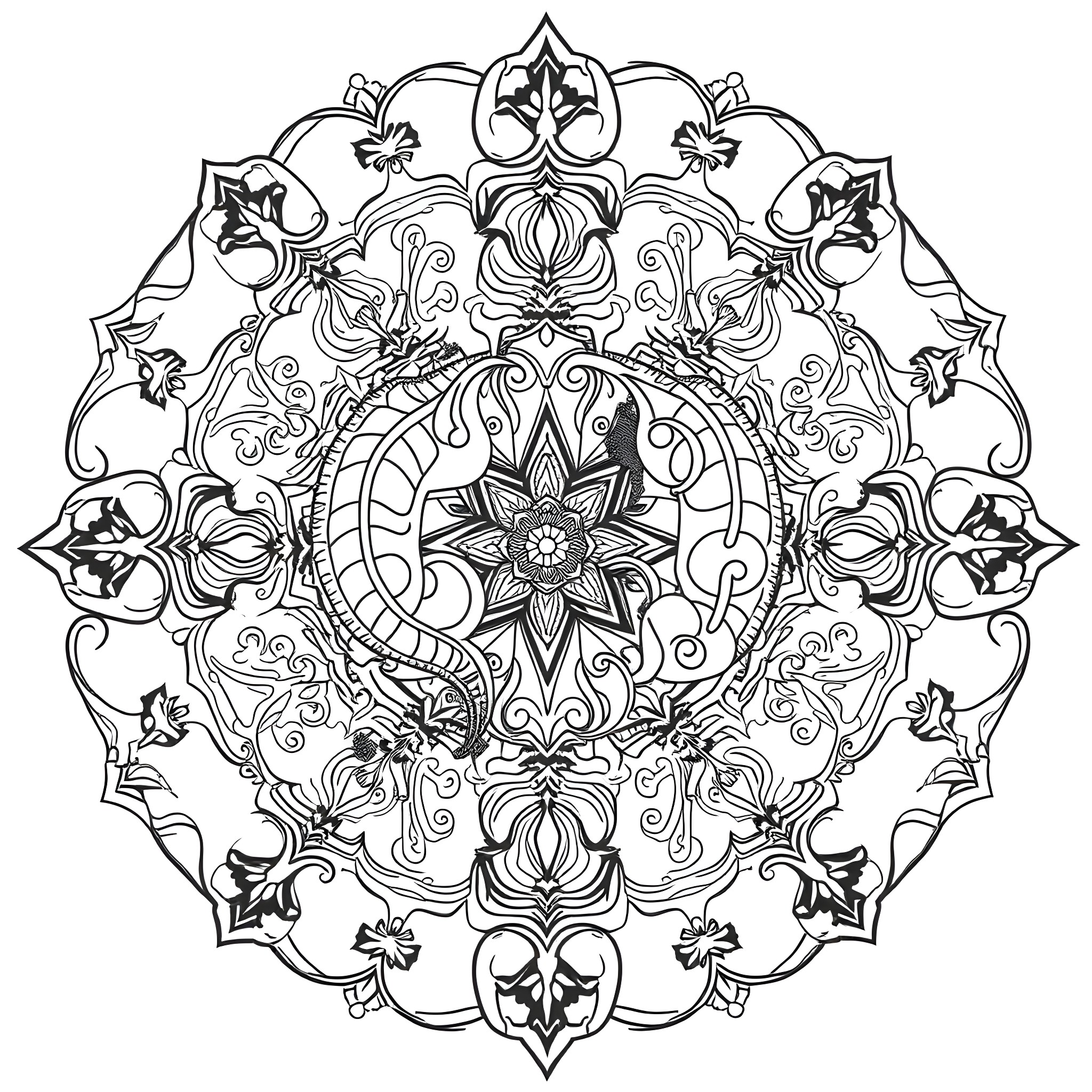 Lizard-inspired ornate mandala design Coloring Page (free black-and-white line drawing printable PDF for all, from beginners to advanced learners, including children, teens, adults, and seniors)